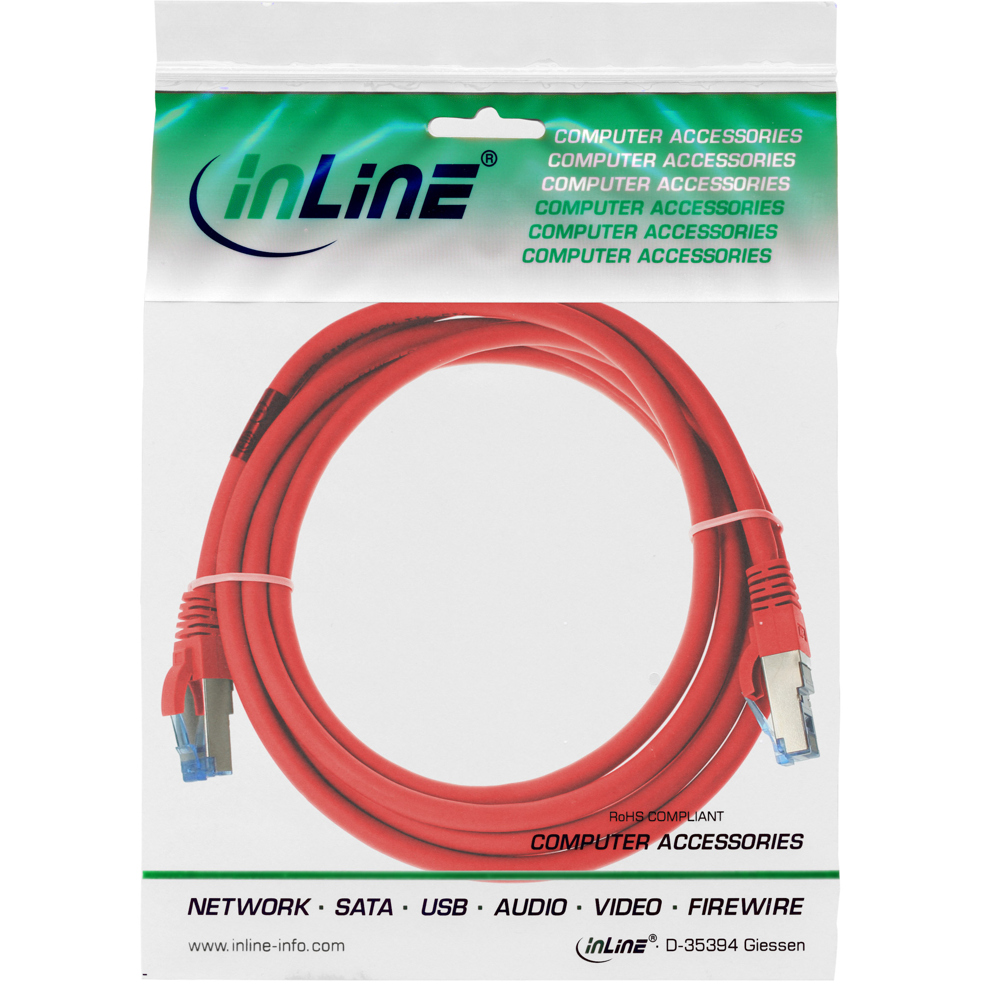InLine Patchkabel - S/FTP (PiMf) - Cat.6A - halogenfrei - rot - 1m1 m - SSTP-Kabel - CAT 6a - halogenfrei - geformt - Rot