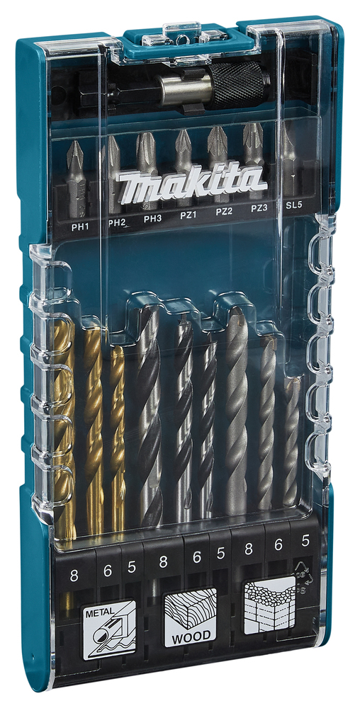 Makita D-74887, 17 Stück(e)17-teiliges Bohrer-/Bit-Set für Holz - Metall und Mauerwerk in praktischer AufbewahrungsboxDas Set besteht aus Bits in den Größen PH1 - PH2 - PH3 - PZ1 - PZ2 - PZ3 - SL5 sow