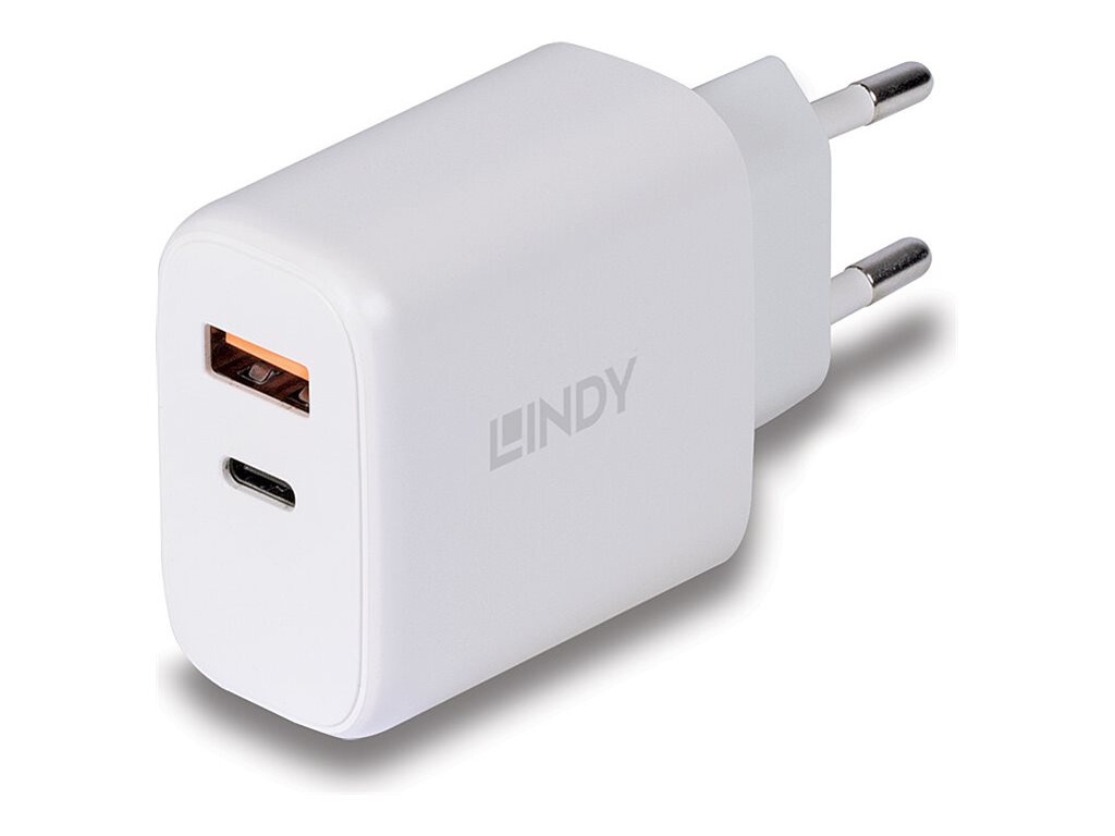 Lindy Netzteil - 30 Watt - 3 A - PD 3.0 - 2 Ausgabeanschlussstellen (4-poliger USB Typ A / 24-poliger USB-C)weiß