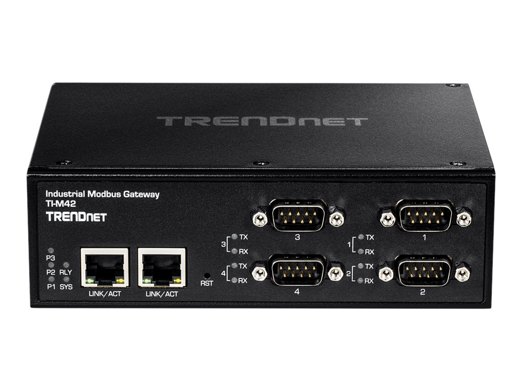 TRENDnet TI-M42 - Gateway - industriell - 4 Anschlüsse100Mb LAN - Modbus - RS-442 - RS-485 - RS-232 - Gleichstrom - Wand / DIN-Schienen montierbar - TAA-konform