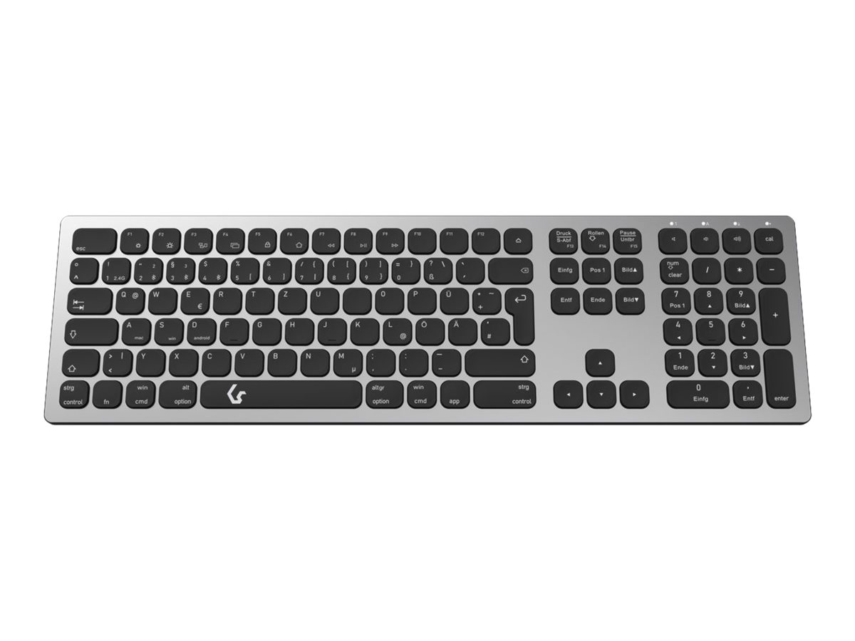 KeySonic KSK-8023BTRF (DE), Full-Size Aluminium Tastatur, Bluetooth® & RF, für Windows® und macOS®, anthrazit/schwarz, Volle Größe (100%), Kabellos, Bluetooth, Membran Key Switch, QWERTZ, Anthrazit, S