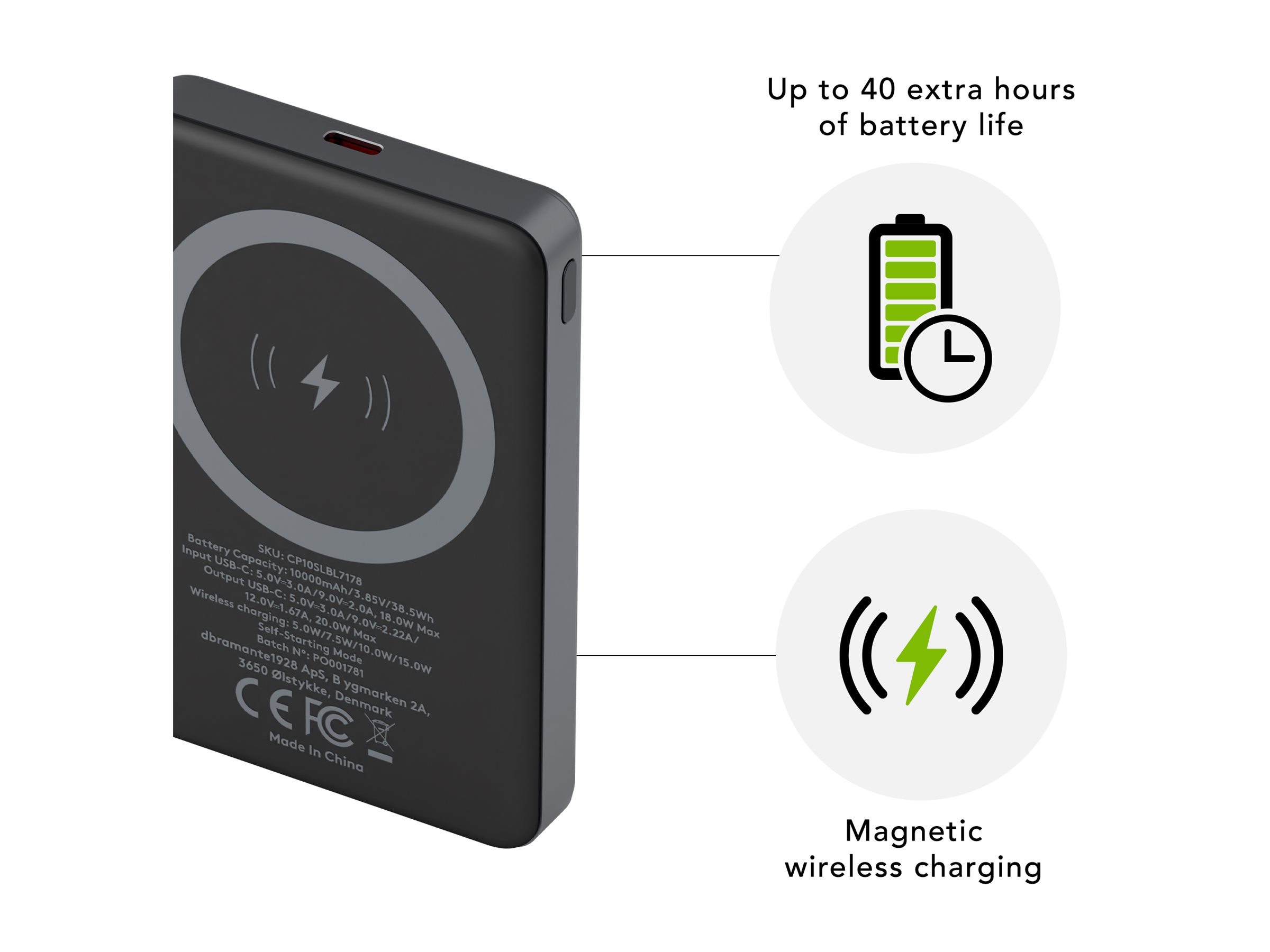 dbramante1928 re-charge - Powerbank - 10000 mAh - 38.5 Wh - 20 watt - 3 A - 2 Ausgabeanschlussstellen (magnetisch, USB-C)Grau