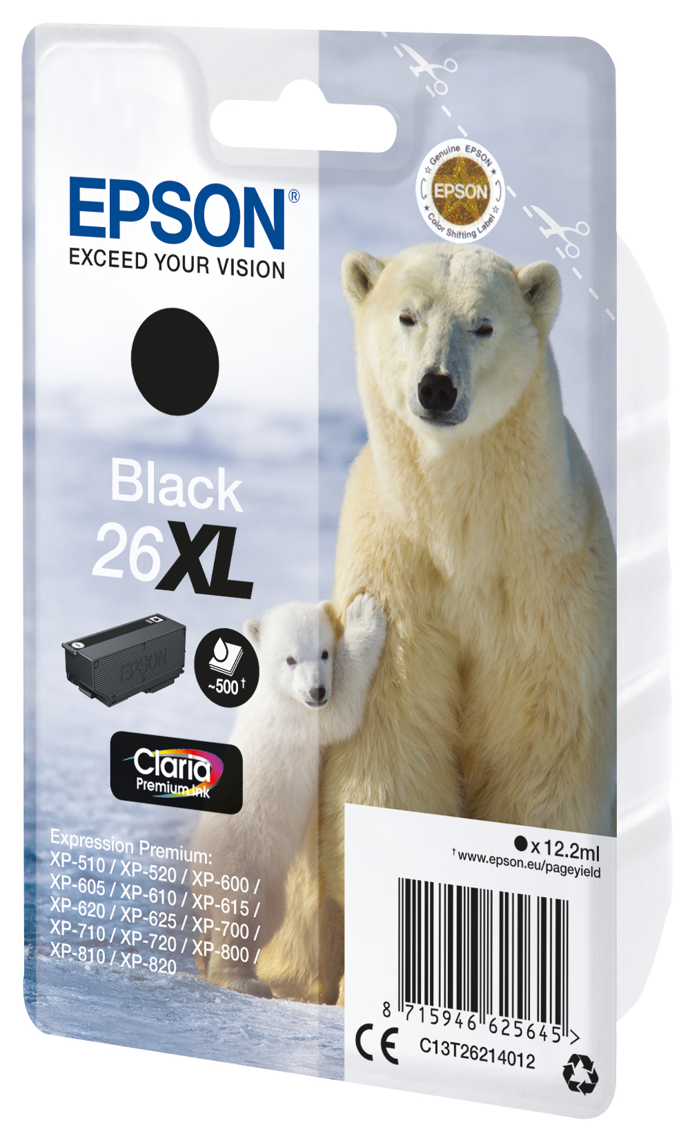 Epson 26XL - 12.2 ml - XL - Schwarz - originalBlisterverpackung - Tintenpatrone - für Expression Premium XP-510 - 520 - 600 - 605 - 610 - 615 - 620 - 625 - 700 - 710 - 720 - 800 - 810 - 820