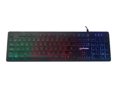 Manhattan Gaming USB Keyboard, Low Force Key Edition, 12 Multimedia Keys, Rainbow-LED Backlighting, USB-A, Black, Retail Box (German layout)Low-Force Key Edition - Tastatur - hintergrundbeleuchtet - U