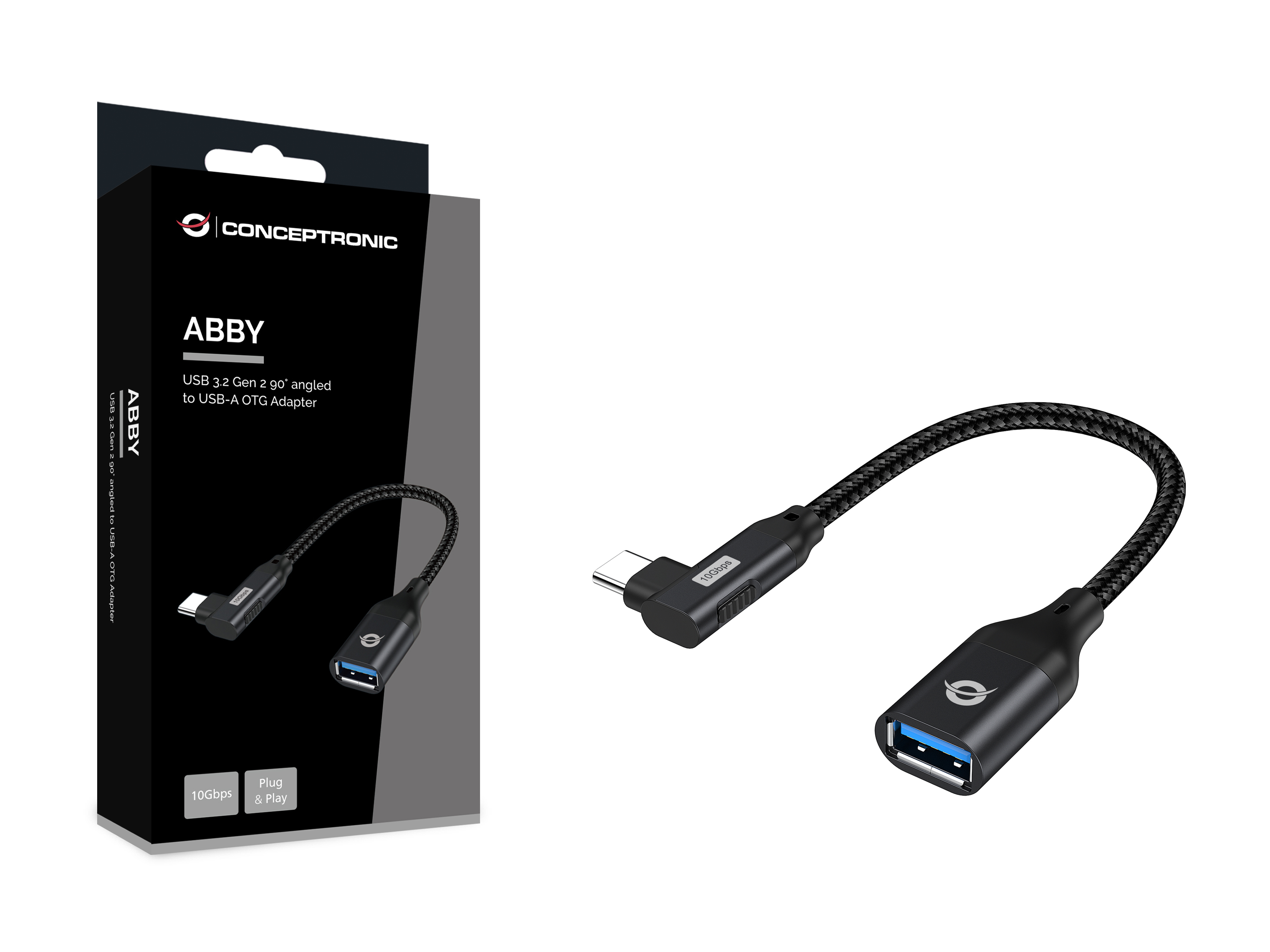 Conceptronic USB-Kabel - USB-C (M) gewinkelt zu USB Typ A (W)USB 3.2 Gen 2 - 3 A - 20 cm - bis zu 10 Gbps Datentransferrate - USB On-The-Go (OTG) - Schwarz
