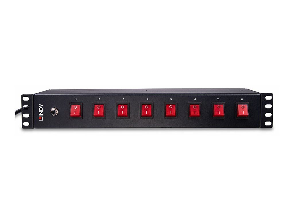 Lindy Steckdosenleiste (Rack - einbaufähig) - Schuko-Steckdosen, horizontal, mit Schalter - Wechselstrom 250 V - 3500 Watt - Eingabe, Eingang CEE 7/4 - Ausgangsanschlüsse: 8 (power CEE 7/3)1.5U - 48.3