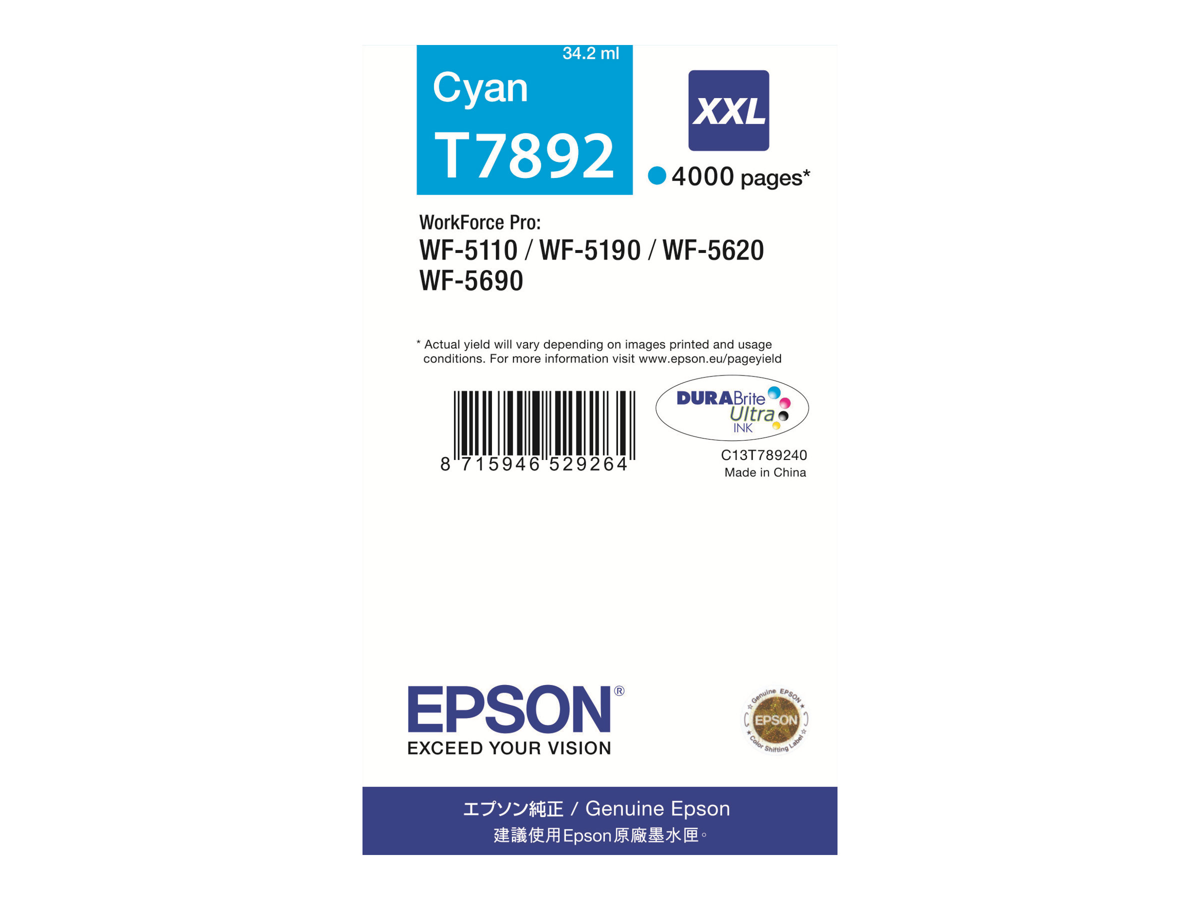 Epson T7892 - 34.2 ml - Größe XXL - Cyan - originalTintenpatrone - für WorkForce Pro WF-5110DW - WF-5190DW - WF-5190DW BAM - WF-5620DWF - WF-5690DWF - WF-5690DWF BAM