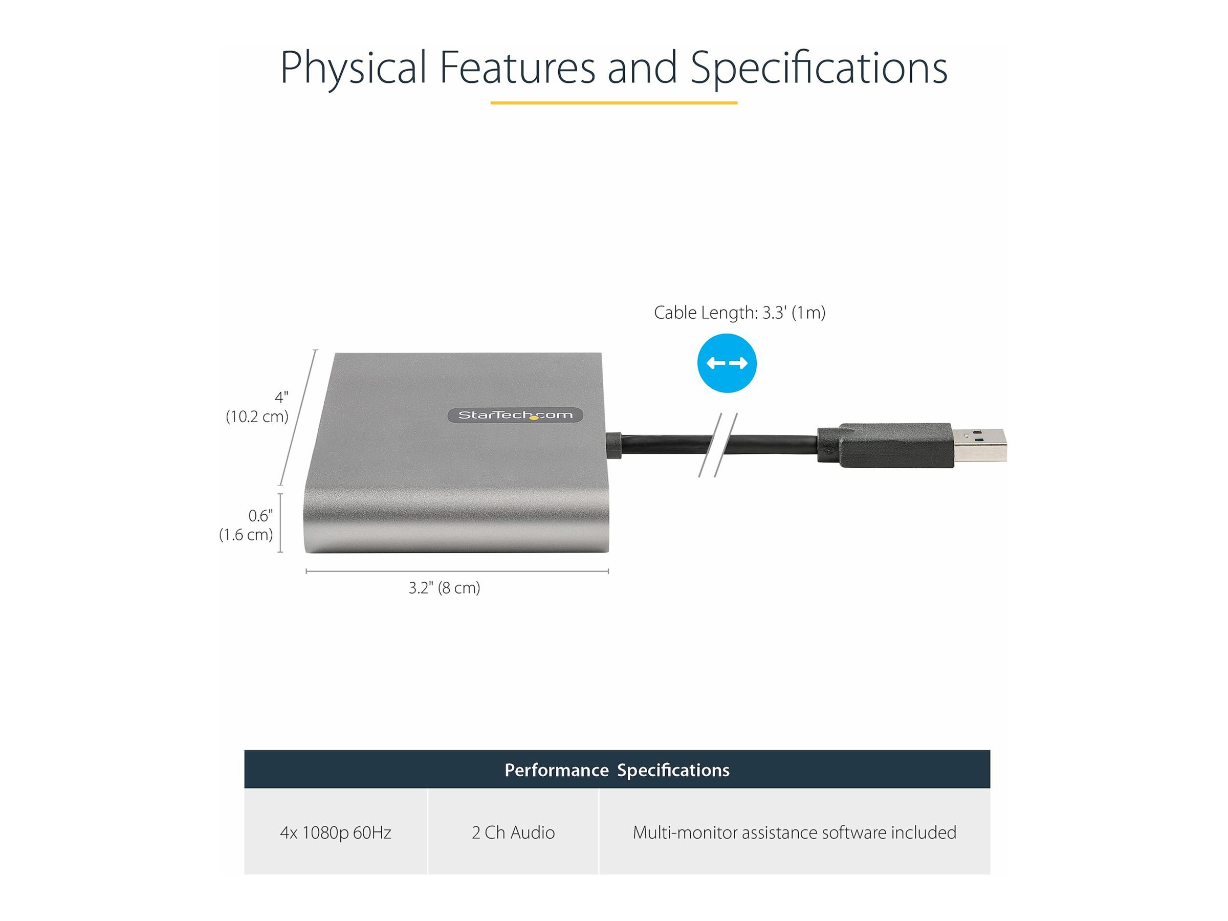 StarTech.com USB 3.0 auf 4x HDMI Adapter - Externe Video- und Grafikkarte - USB Typ-A auf Quad HDMI Display Adapter Dongle - 1080p 60Hz - Multi Monitor USB A auf HDMI Konverter - Windows (USB32HD4)Ada