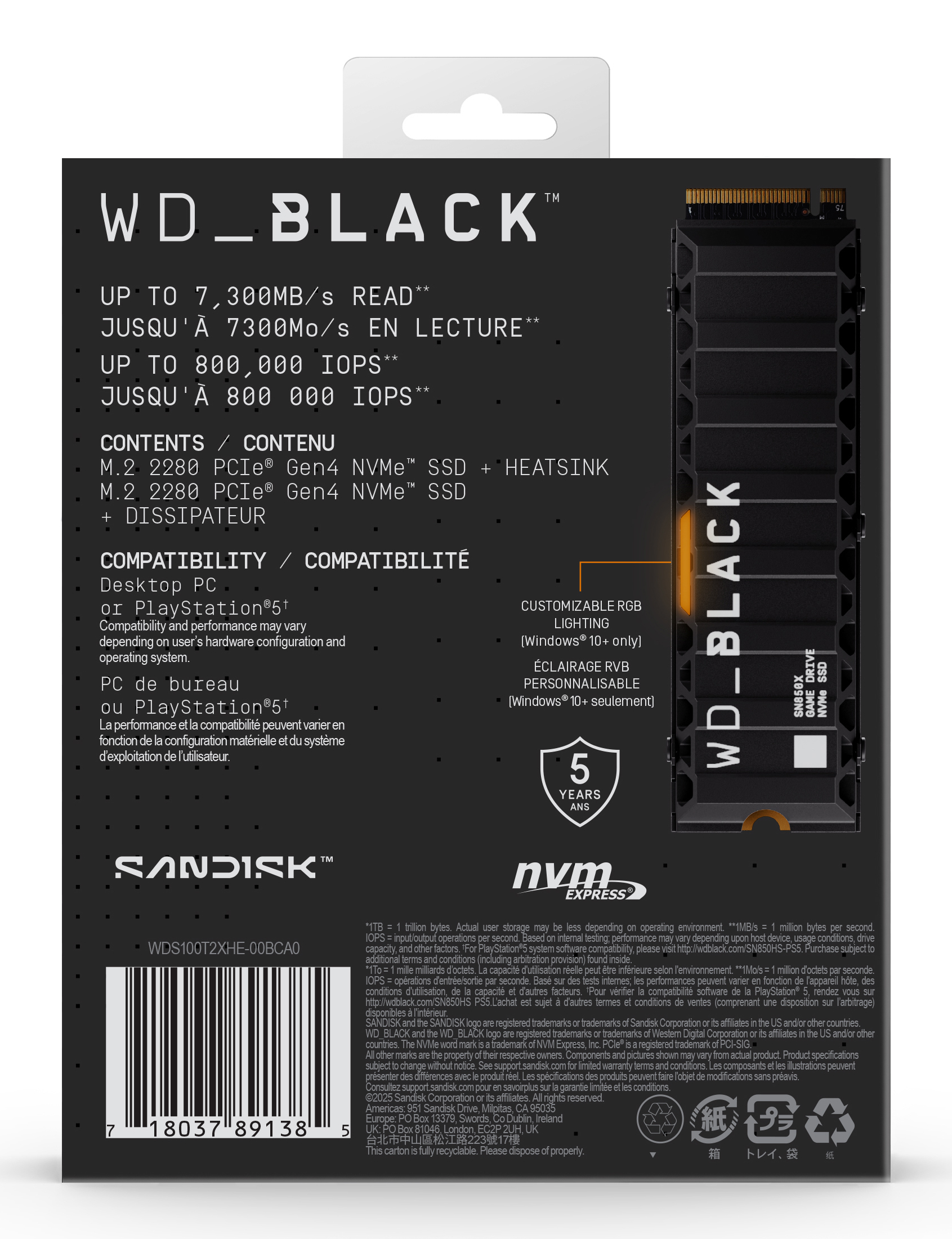 WD WD_BLACK SN850X WDS100T2XHE - SSD - verschlüsselt - 1 TB - intern - M.2 2280 - PCIe 4.0 x4 (NVMe)TCG Opal Encryption 2.01 - integrierter Kühlkörper