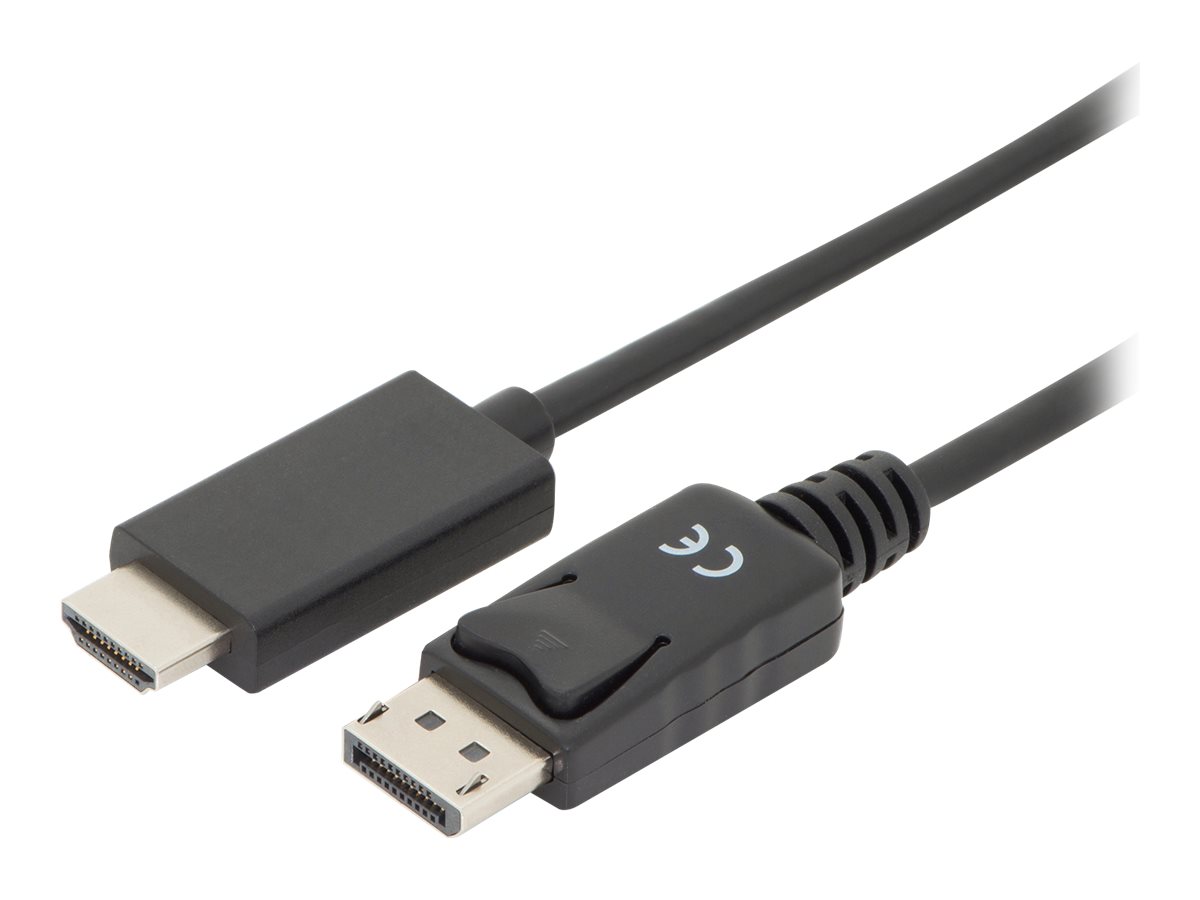 DIGITUS DisplayPort Adapterkabel, DP - HDMI Typ AVerriegelung zu HDMI männlich - 3 m - Dreifachisolierung - Schwarz - geformt - 4K Unterstützung - Druckknopf
