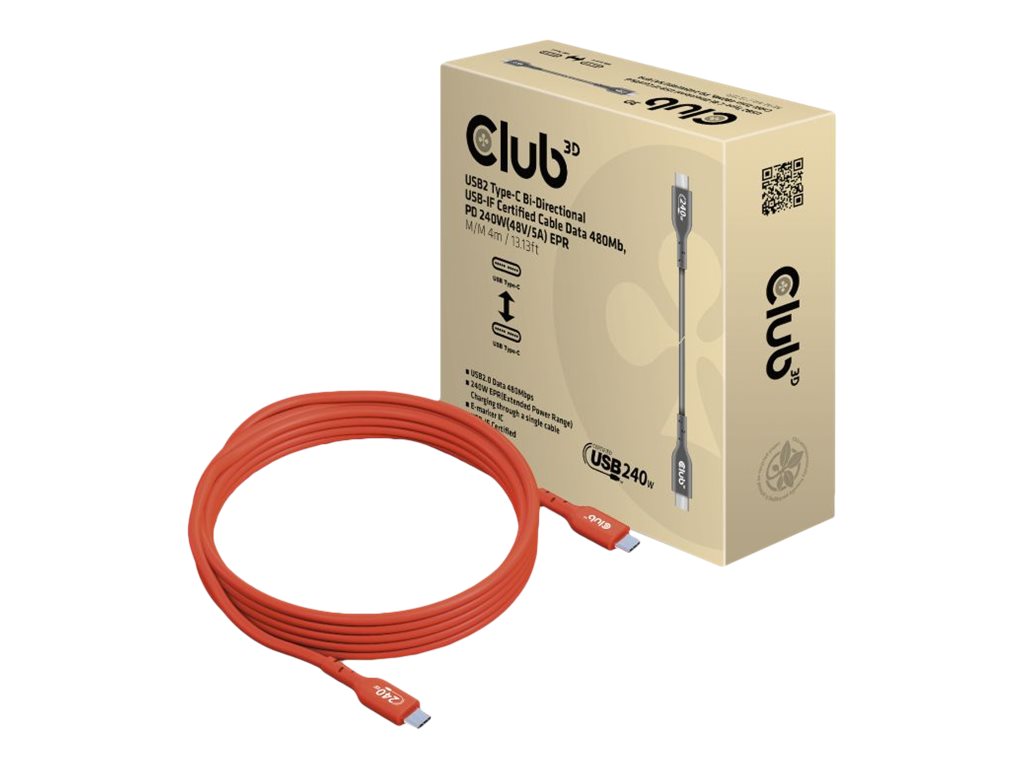 Club 3D USB-Kabel - USB-C (M) zu USB-C (M)USB 2.0 - 48 V - 5 A - 4 m - bidirektional - unterstützt bis zu 240W Leistungsabgabe - erweiterter Leistungsbereich (EPR)
