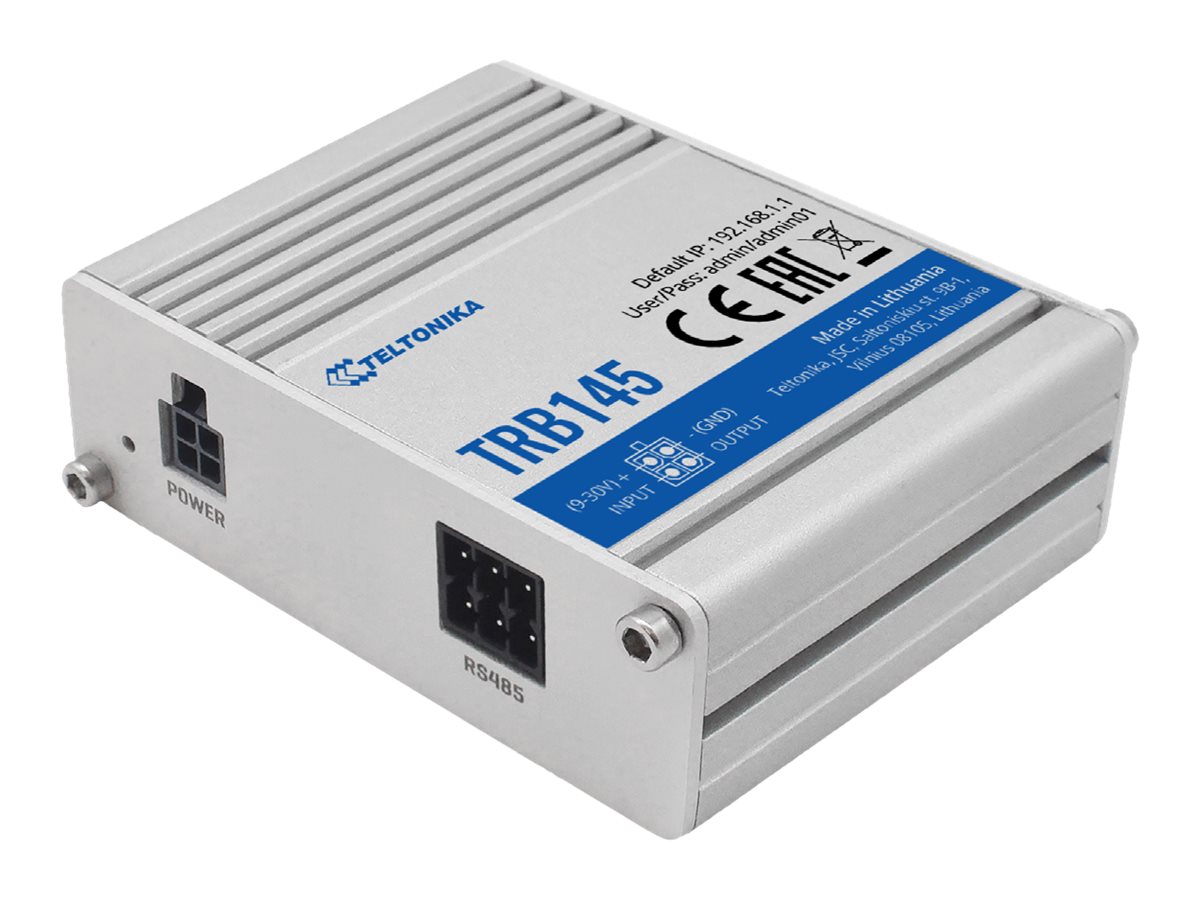 Teltonika TRB145 - Gateway0,04 Gbps - IPSec - TCP/IP - VPN - Duplex - Voll-Duplex - Halb-Duplex - Ethernet - GSM - UMTS (WCDMA) - RS-485 - RS-485 - Telefonbuch - Linux