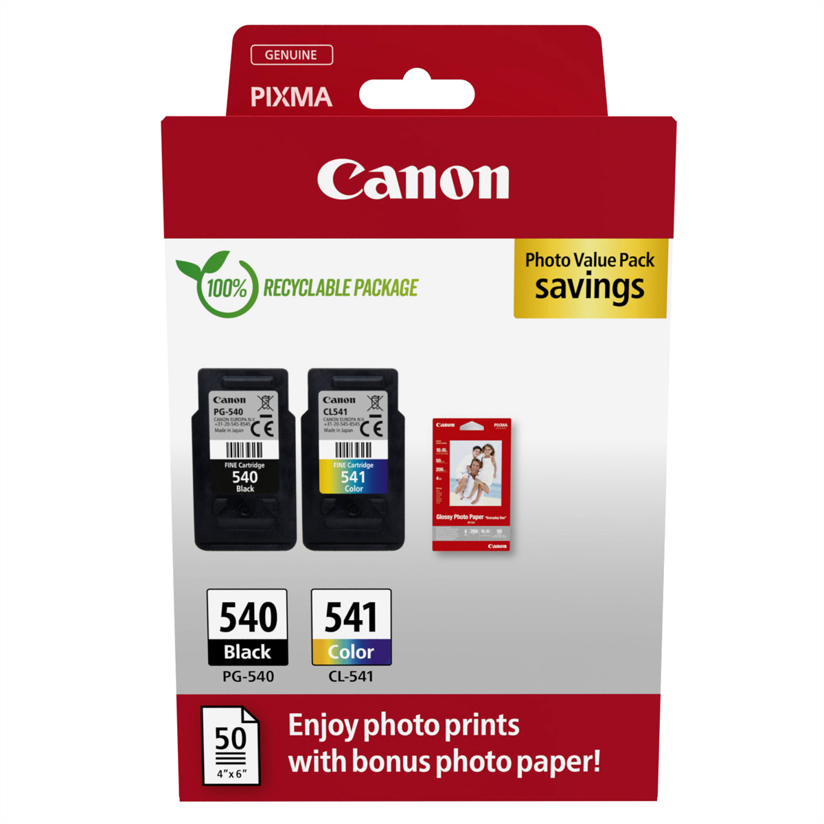 Canon PG-540/CL-541 Photo Paper Value Pack - 2er-Pack - Schwarz, Farbe (Cyan, Magenta, Gelb)original - hängende Box - Tintenpatrone / Papierkit - für PIXMA MG3250 - MG3550 - MG3650 - MG4250 - MX395 -