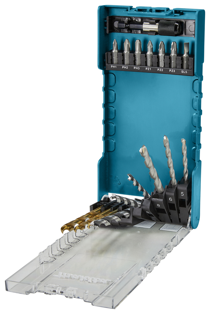 Makita D-74887, 17 Stück(e)17-teiliges Bohrer-/Bit-Set für Holz - Metall und Mauerwerk in praktischer AufbewahrungsboxDas Set besteht aus Bits in den Größen PH1 - PH2 - PH3 - PZ1 - PZ2 - PZ3 - SL5 sow