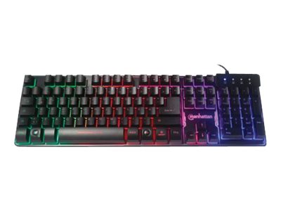 IC Intracom Manhattan Gaming USB Keyboard, Metal Base Edition, 12 Function Keys, Rainbow-LED Backlighting, 19 Anti-Ghost Key Caps, IPX4 (Splashproof)Rating - USB-A - Black - Retail Box (German layout)