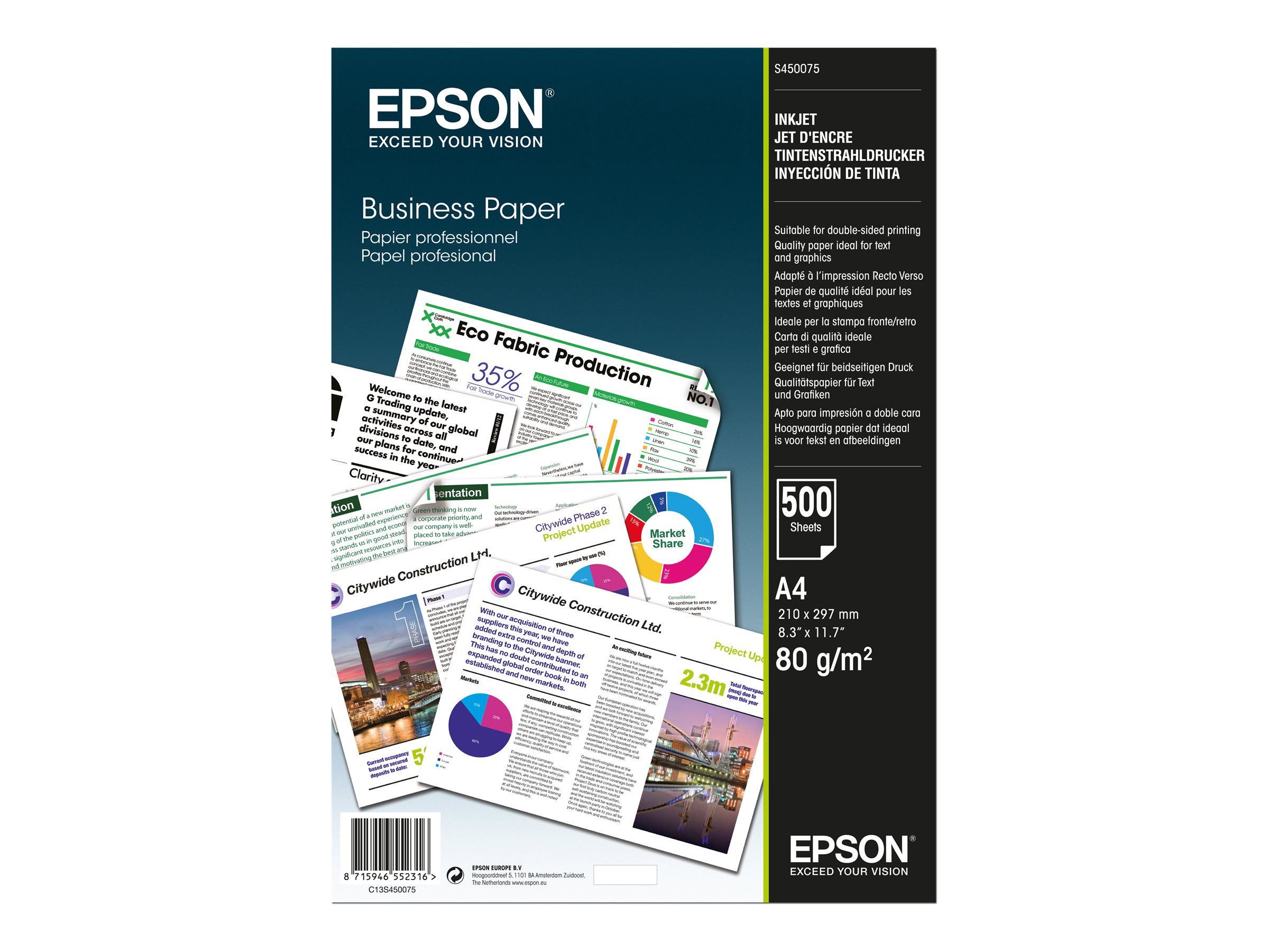 Epson Business Paper - A4 (210 x 297 mm) - 80g/m² - 500 Blatt Normalpapier - für EcoTank ET-2850 - 2851 - 2856 - 4850 - L6460 - L6490; WorkForce Pro RIPS WF-C879 - WF-C5790