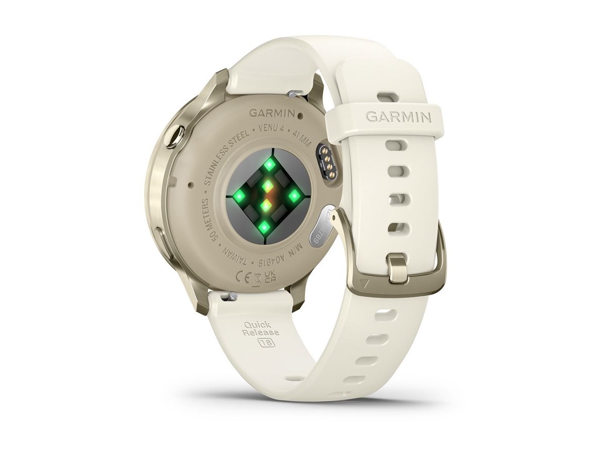 Garmin Venu 4 - 41 mm - lunar gold - intelligente Uhr mit Band - Silikon - Knochen - Handgelenkgröße: 110-175 mm - Anzeige 3.04 cm (1.2")8 GB - Bluetooth - ANT+ - Wi-Fi - 33 g