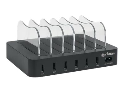 Manhattan Charging Station, 6x USB-A Ports, Outputs: 6x 2.4A, Smart IC, LED Indicator Lights, Black, , Box - Ladestation - 50 Watt - 2.4 A - 6 Ausgabeanschlussstellen (USB)6-Port USB-Ladestation - Sec
