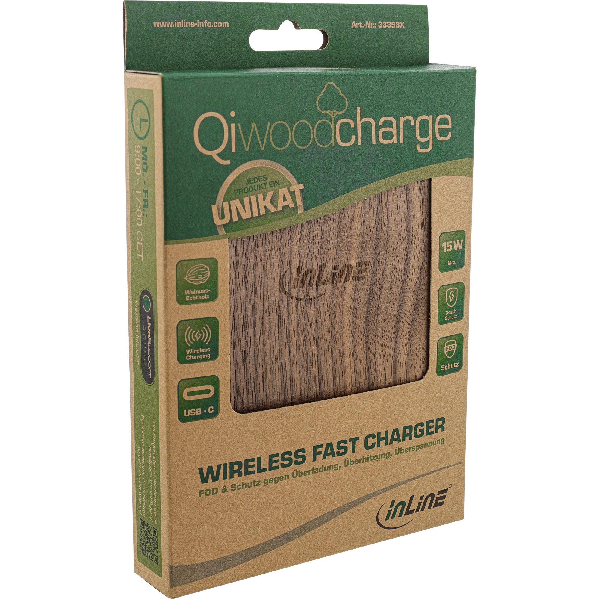 InLine Qi woodcharge - wireless fast charger - 5/7,5/10W/15W - USB-CUSB-C - 15 Watt - 2 A