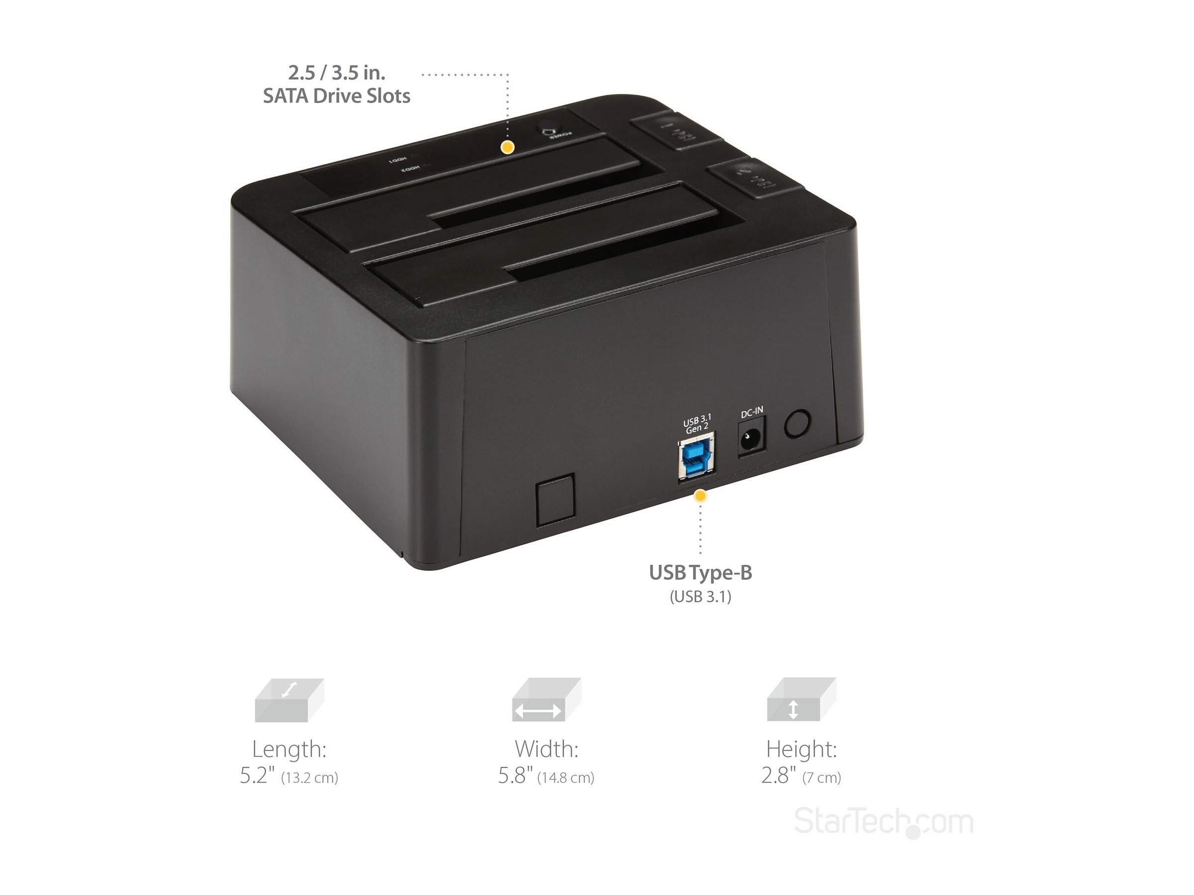 StarTech.com Dual-Bay USB 3.1 SATA Festplatten Dockingstation, Extern - Speicher-Controller mit Datenanzeige, Netzanzeige - 2.5", 3.5" (6.4 cm, 8.9 cm)USB 3.1 (Gen 2) - Schwarz