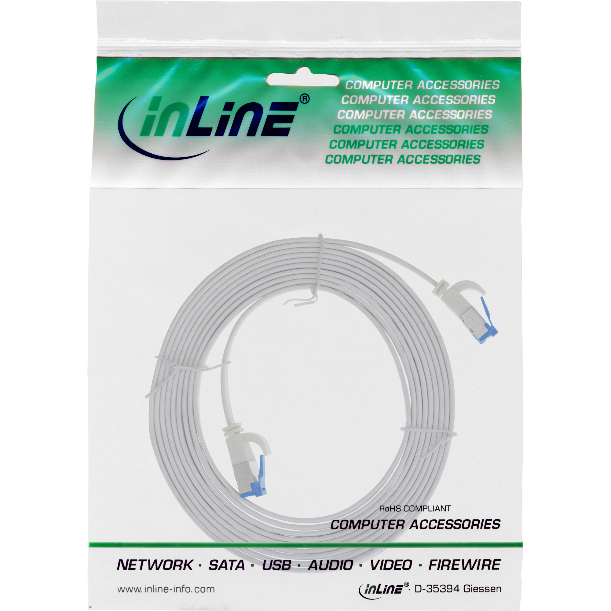 InLine Patchkabel flach - U/FTP - Cat.6A - TPE halogenfrei - weiß - 1,5m1.5 m - U/FTP - PiMF - CAT 6a - halogenfrei - geformt - ohne Haken - verseilt - flach - weiß
