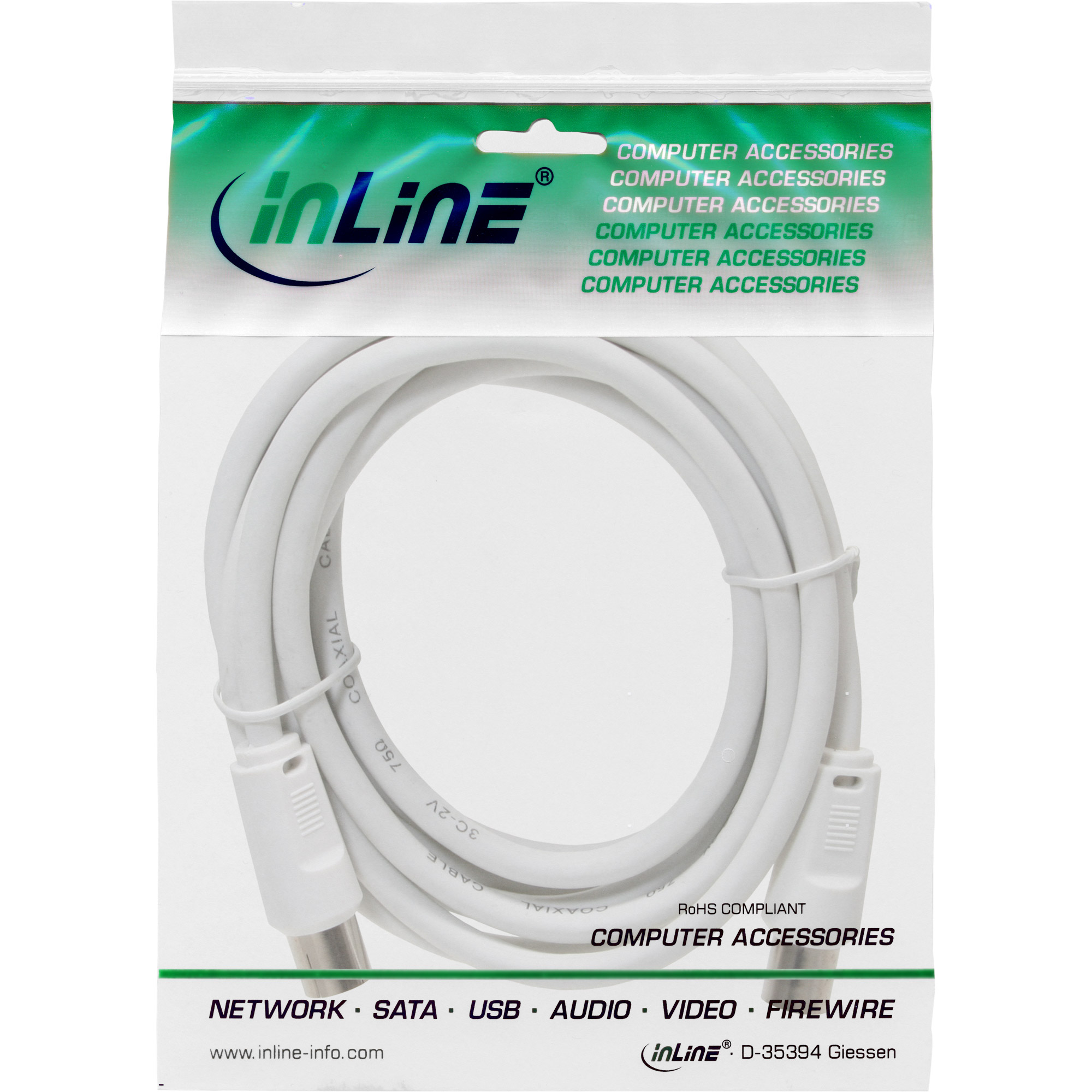 InLine Antennenkabel - 2x geschirmt - >75dB - weiß - 3mmännlich zu IEC-Anschluss weiblich - 3 m - doppelt abgeschirmtes Koaxialkabel - 75 dB - weiß