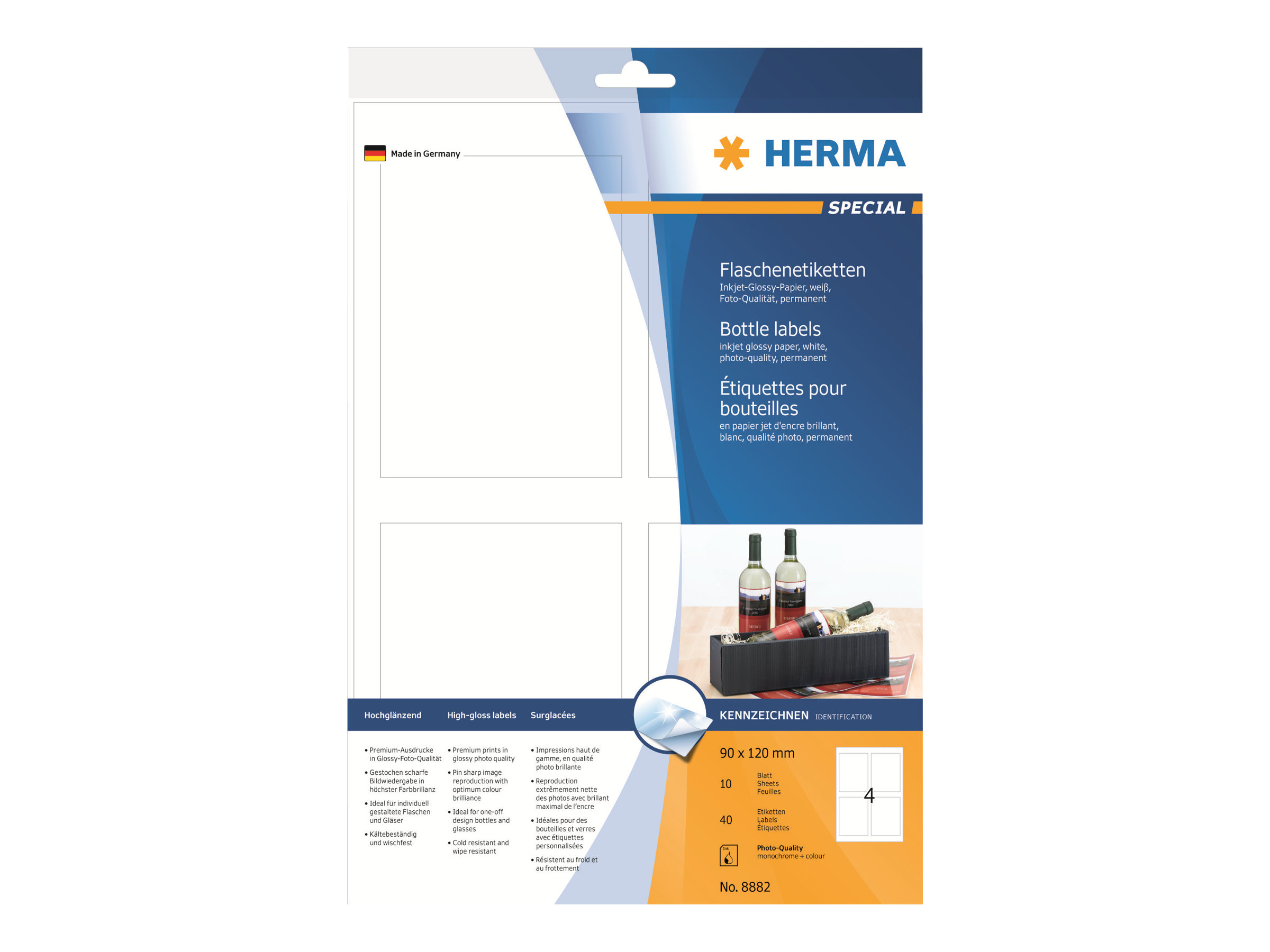 HERMA HSpecial - Hochglänzend - selbstklebend - weiß - 90 x 120 mm 40 Etikett(en) (10 Bogen x 4 Flaschenetiketten