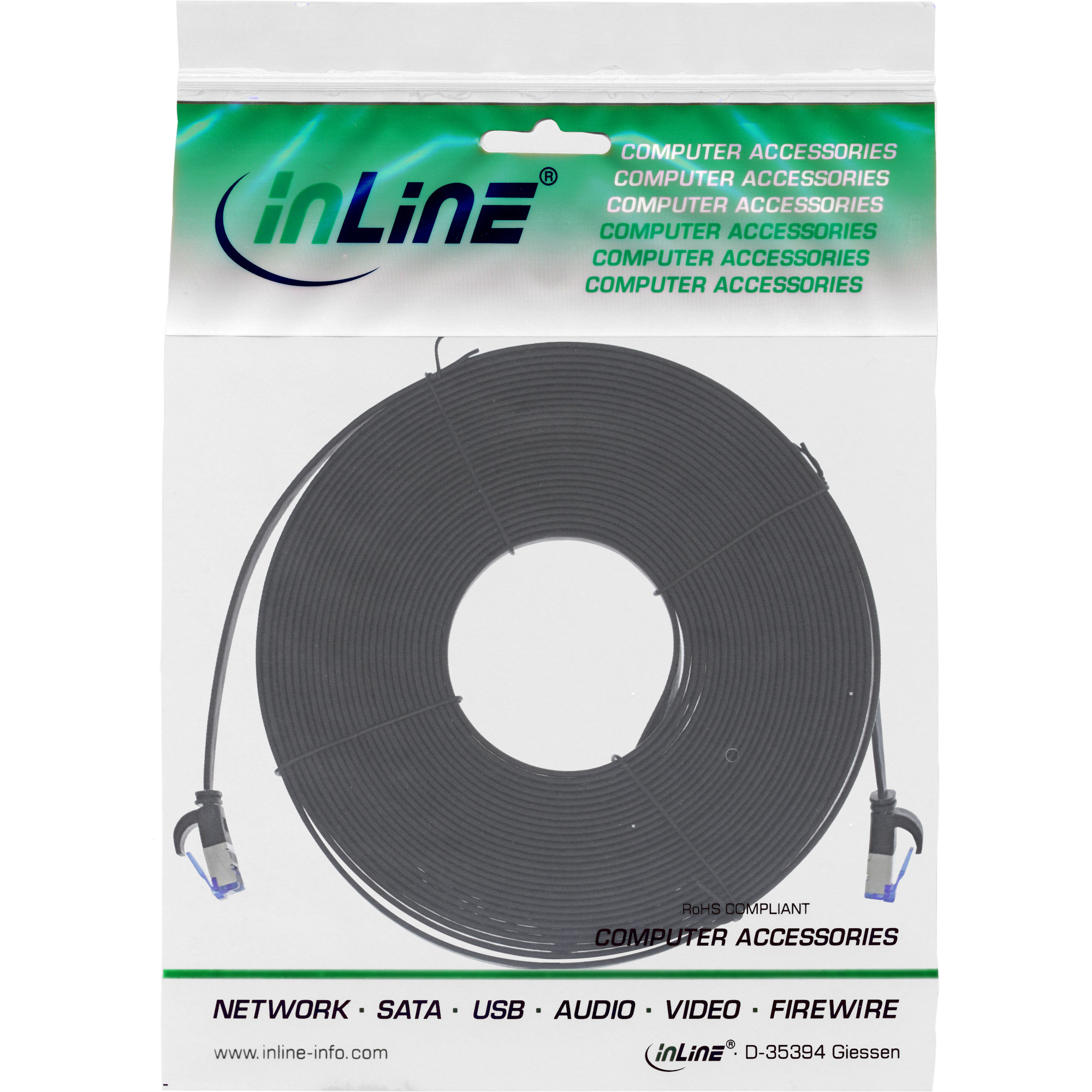 InLine Patchkabel flach - U/FTP - Cat.6A - TPE halogenfrei - schwarz - 7,5m7.5 m - U/FTP - PiMF - CAT 6a - halogenfrei - geformt - ohne Haken - verseilt - flach - Schwarz