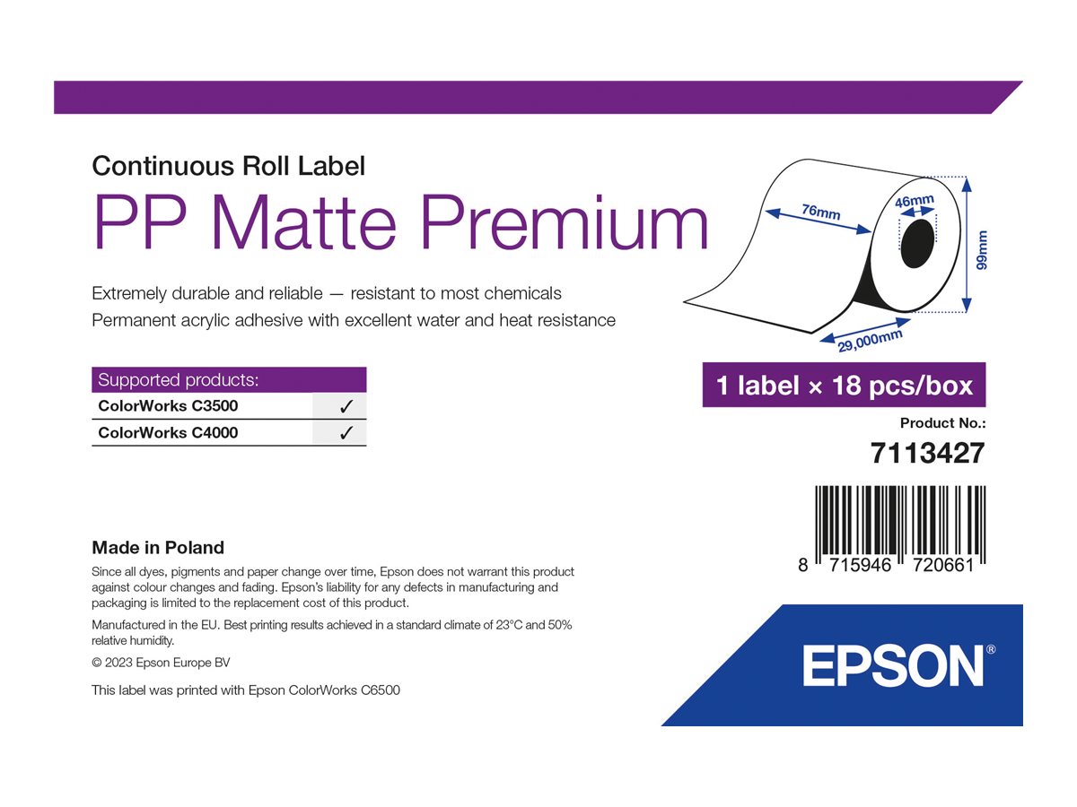 Epson Premium - Polypropylen (PP) - matt - permanenter Acrylklebstoff - Rolle (7,6 cm x 29 m)18 Rolle(n) Etiketten-Endlospapier