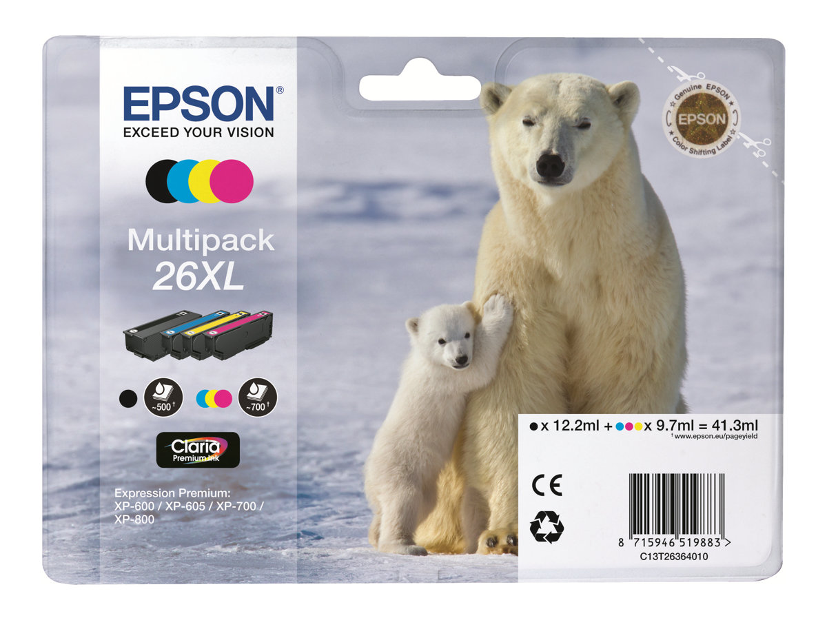 Epson 26XL Multipack - 4er-Pack - XL - SchwarzGelb - Cyan - Magenta - original - Tintenpatrone - für Expression Premium XP-510 - 520 - 600 - 605 - 610 - 615 - 620 - 625 - 700 - 710 - 720 - 800 - 810 -