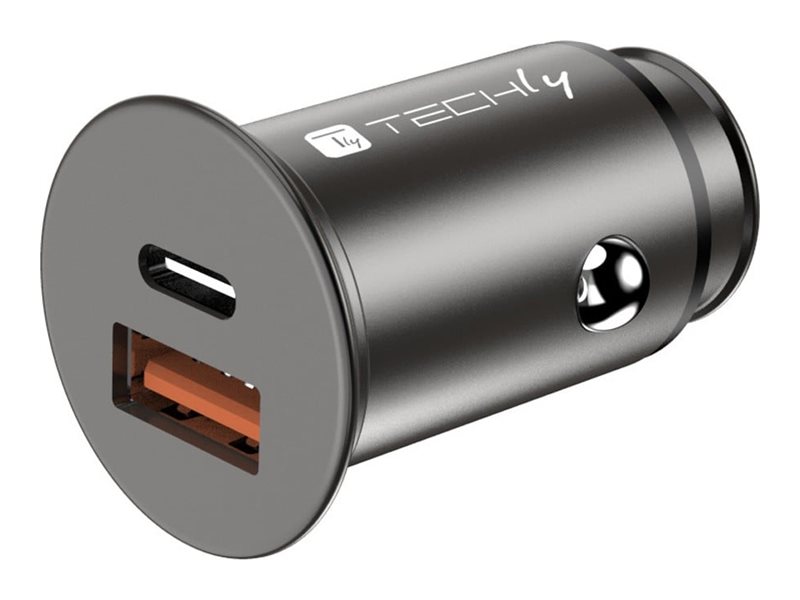Techly Auto-Netzteil - 38 Watt - 3 A - Fast Charge 3.0 - 2 Ausgabeanschlussstellen (USB, 24 pin USB-C)Schwarz