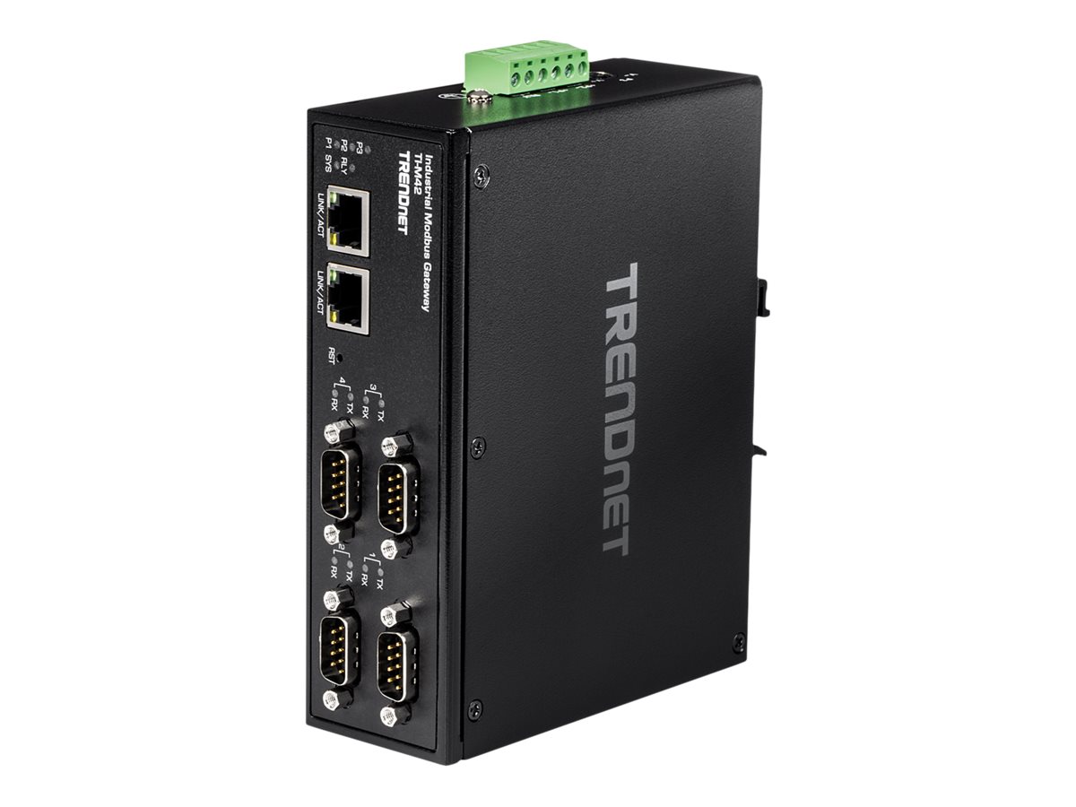 TRENDnet TI-M42 - Gateway - industriell - 4 Anschlüsse100Mb LAN - Modbus - RS-442 - RS-485 - RS-232 - Gleichstrom - Wand / DIN-Schienen montierbar - TAA-konform