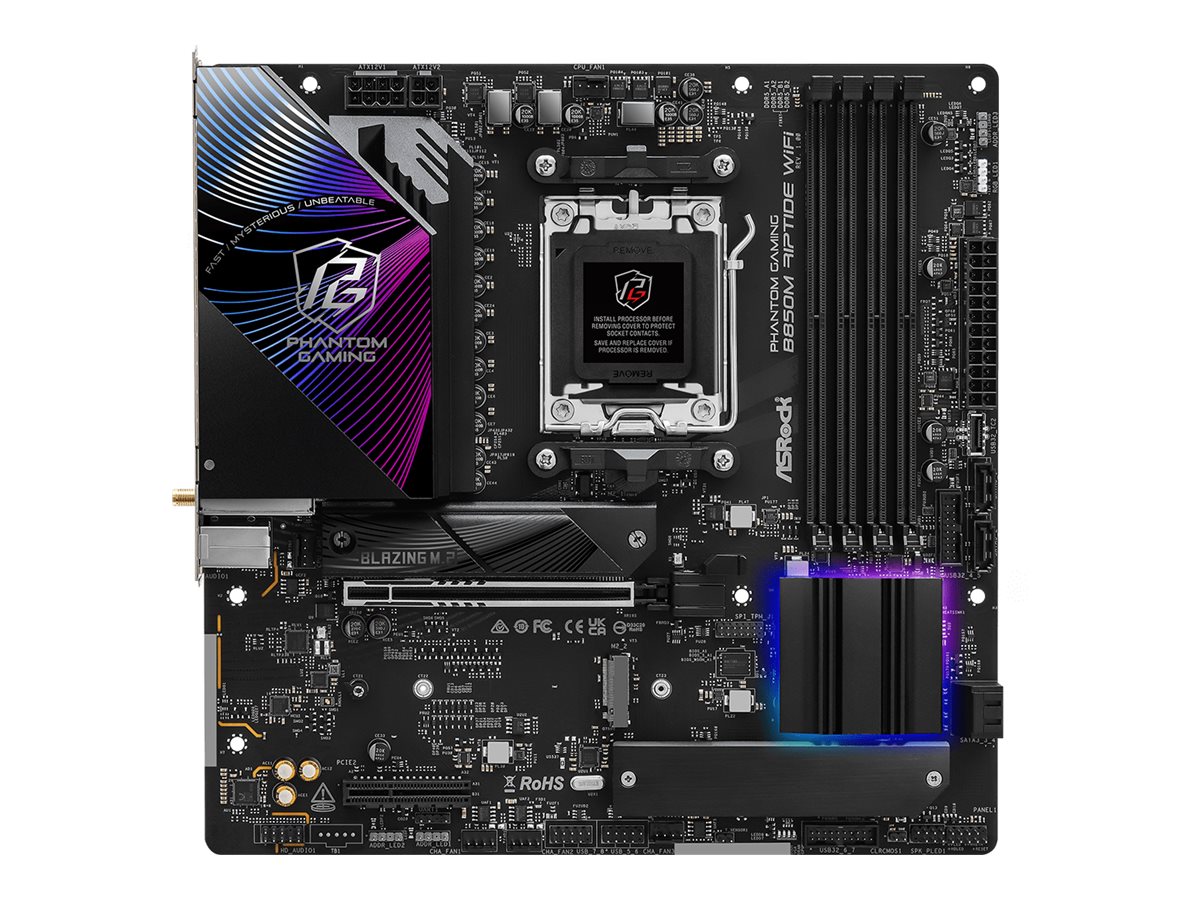 ASRock Phantom Gaming B850M Riptide WiFi, AMD, Sockel AM5, AMD Ryzen 7000 Series, AMD Ryzen 8000 Series, AMD Ryzen 9000 Series, Sockel AM5, DDR5-SDRAM, 256 GBB850 - ATX - 256 GB - DDR5 - DIMM - RAID L