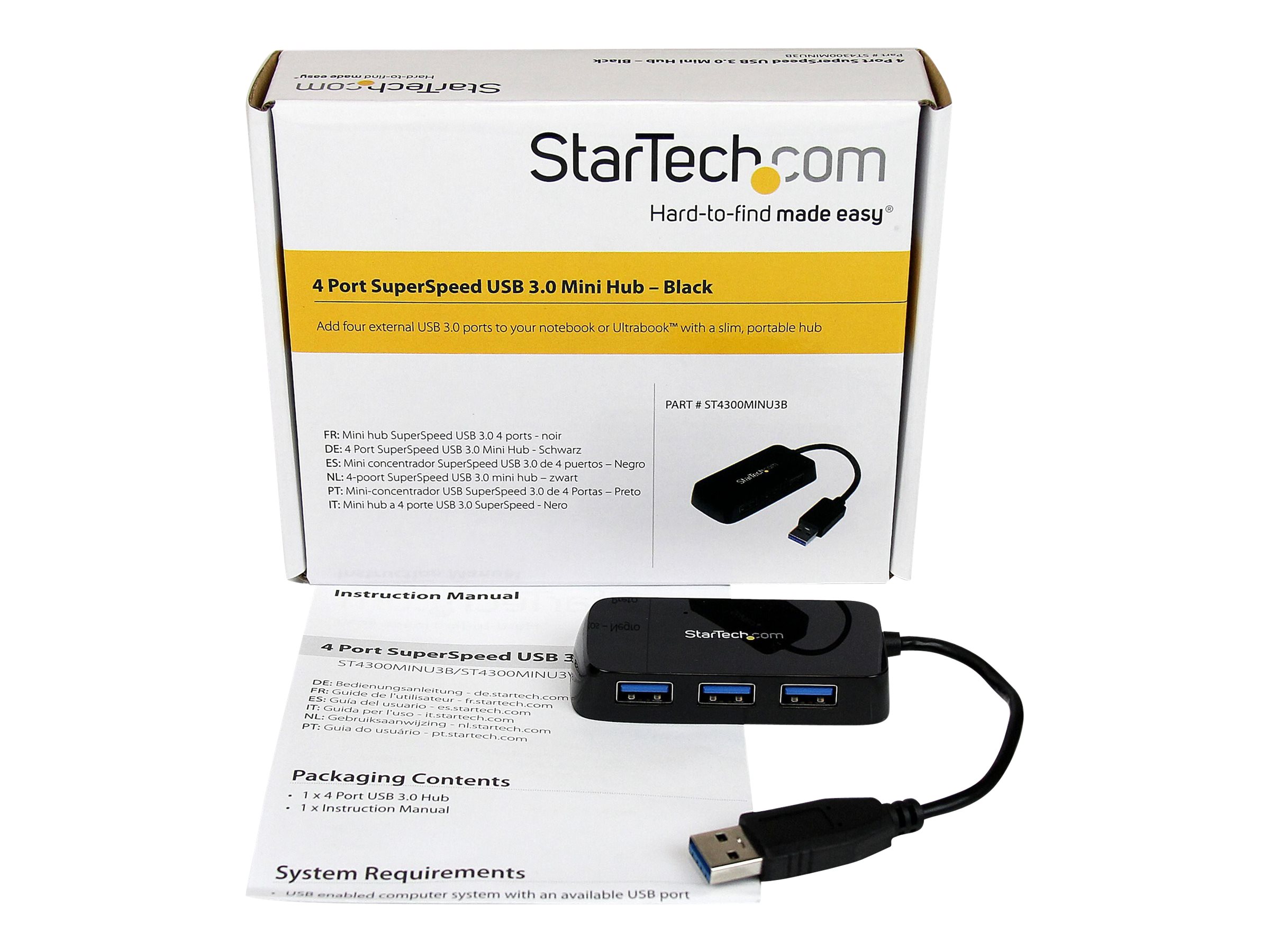 StarTech.com Startech 4 Port USB 3.0 SuperSpeed Hub - SchwarzPortabler externer Mini USB Hub mit eingebautem Kabel - Hub - 4 x SuperSpeed USB 3.0 - Desktop - für P/N: FCREADMICRO3 - MSDREADU3CA - USB3