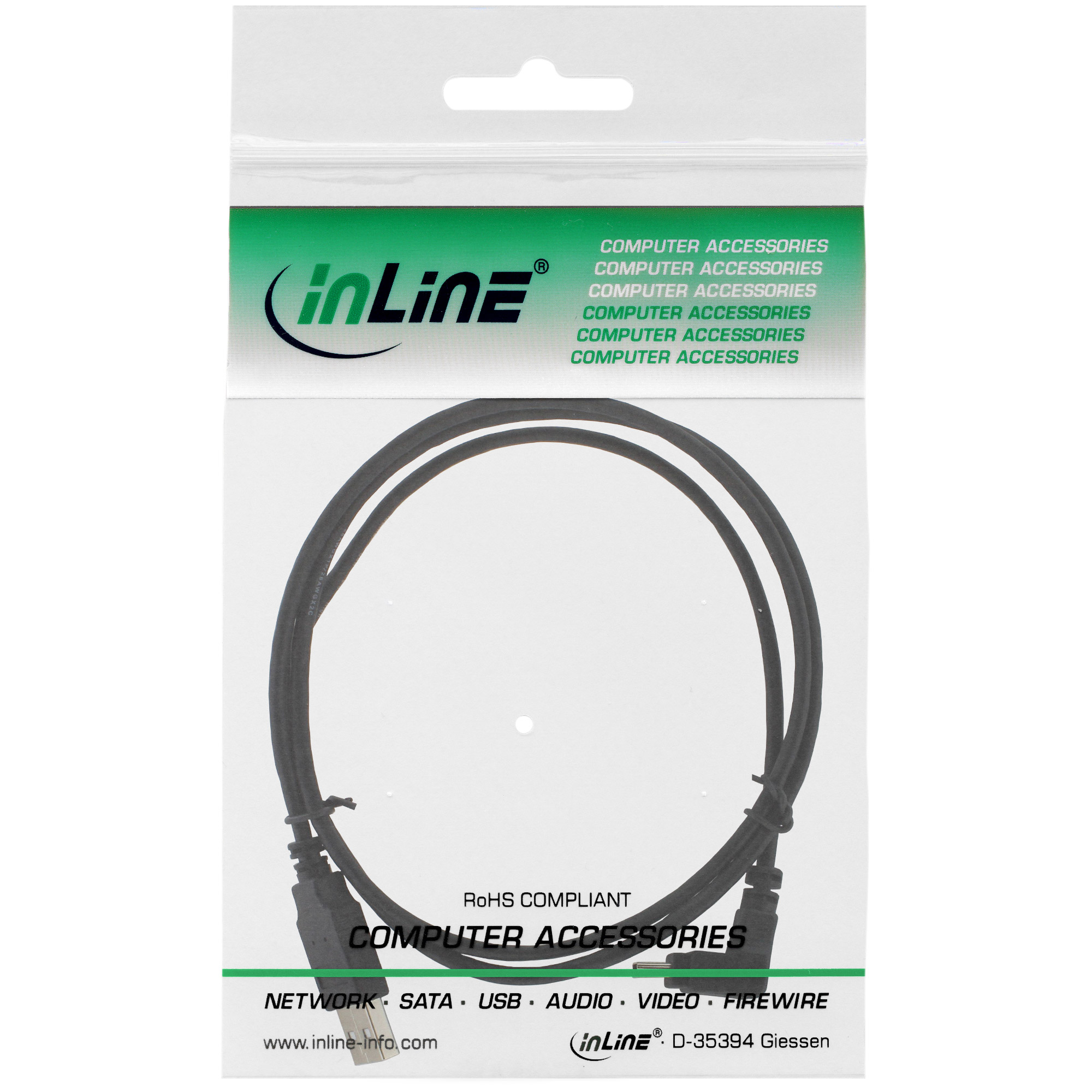 InLine USB 2.0 Mini-Kabel - ST A/Mini-B ST 5pol - unten abgew. 90° - schwarz - 0,5m50 cm - 90° Stecker - Schwarz