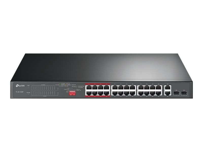 TP-LINK TL-SL1226P - Switch - unmanaged - 24 x 10/100 (PoE+)+ 2 x 10/100/1000 + 2 x Kombi-Gigabit-SFP - Desktop - an Rack montierbar - PoE+ (250 W)