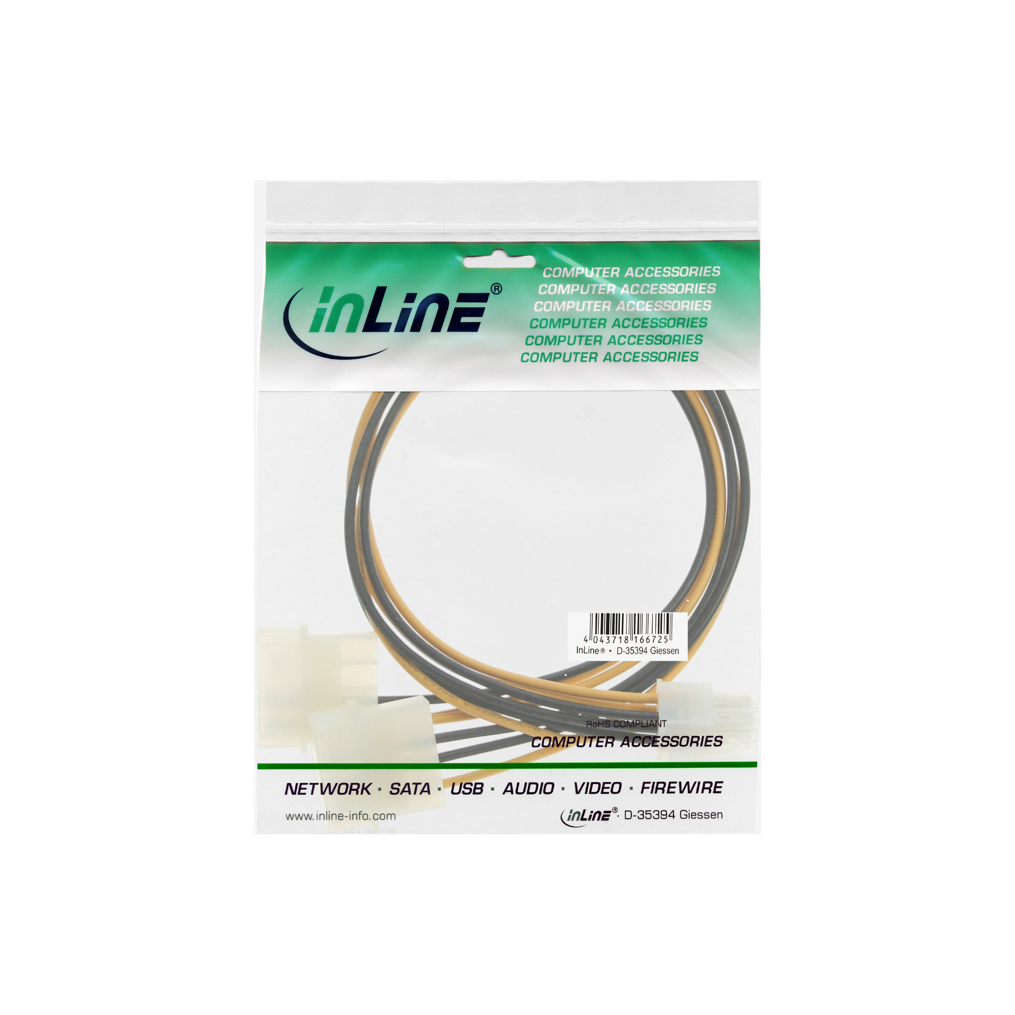 InLine Stromadapter int. - 2x4pol zu 6pol für PCIe (PCI-Express) Grafikkartenzu 6-poliges PCIe Power (M) - 25 cm - verseilt