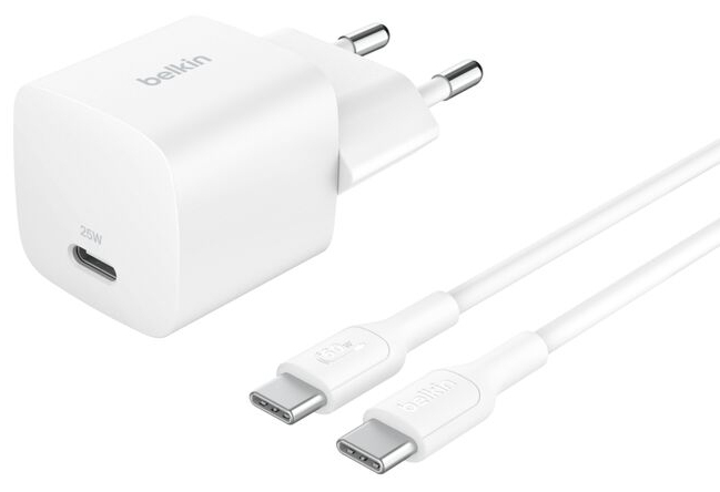 Belkin BoostCharge - Netzteil - PPS-Technologie - 25 Watt - PD 3.1/PPS, Fast Charge (USB-C)auf Kabel: USB-C - mit USB-C-Kabel (1 m)