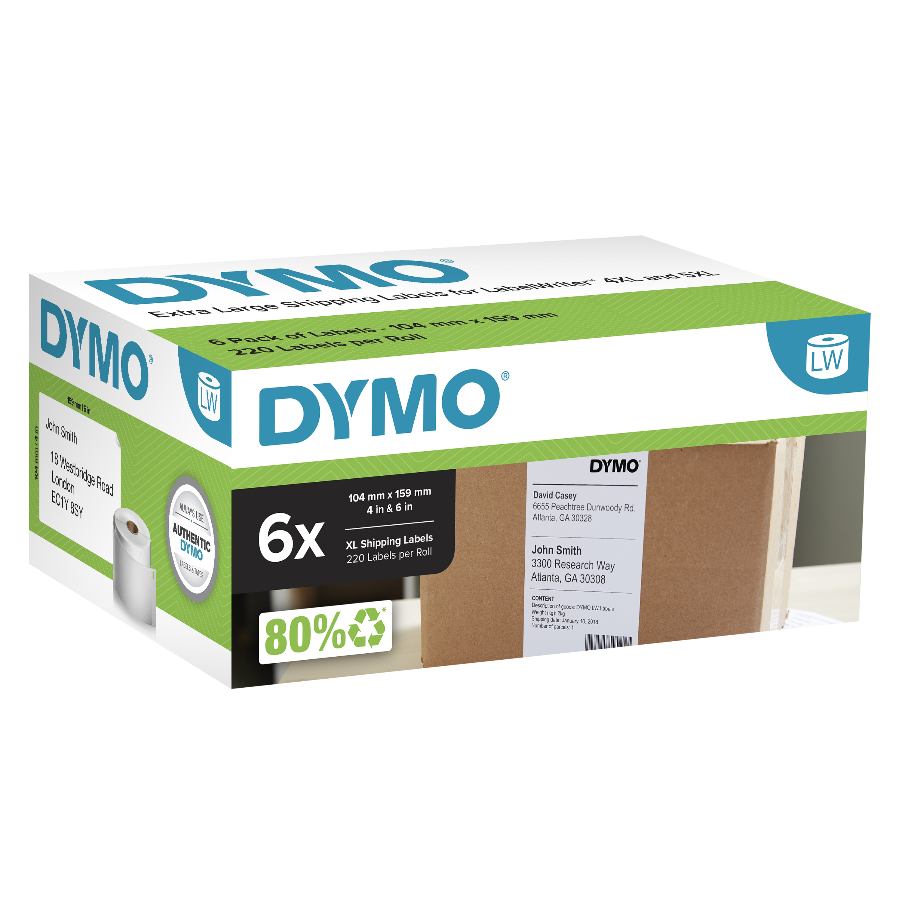 Dymo Original LabelWriter Versandetiketten (Extragroß) für LabelWriter 5XL/4XL-Etikettendrucker | 104 mm x 159 mm | 6 Rollen mit je 220 leicht ablösbaren Etiketten (1.320 Stück), Weiß, Selbstklebendes