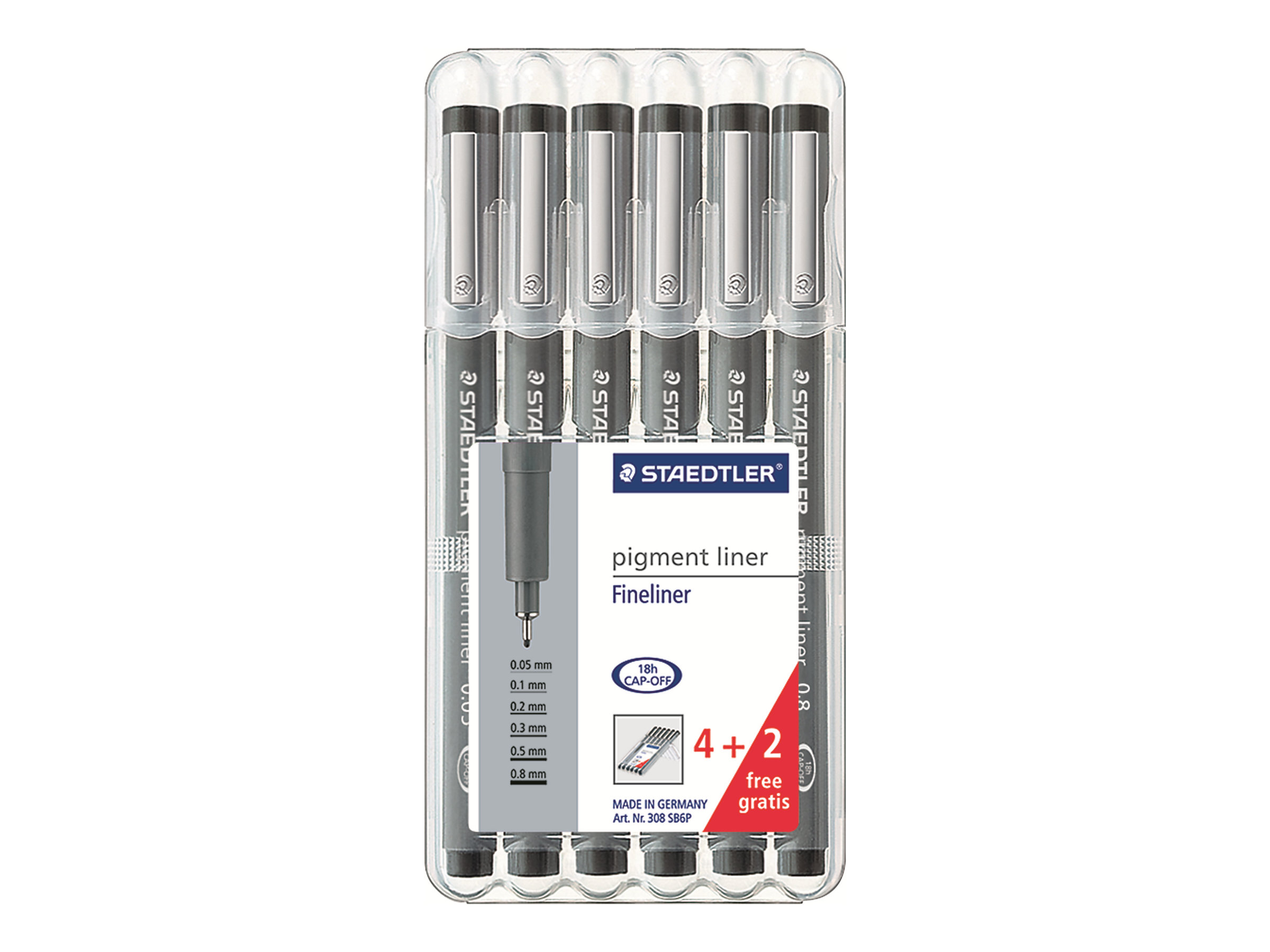 STAEDTLER pigment liner - Fineliner - permanent - Schwarz - Pigmenttinte (Packung mit 6)Black - 6 assorted line widths (0.05/0.1/0.2/0.3/0.5/0.8)