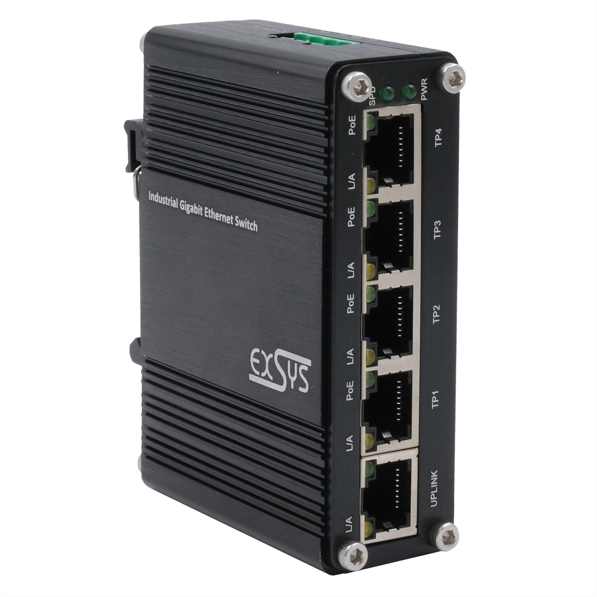 Exsys Switch Industrie Ethernet PoE 4x10/100/1000Tx 12-48VDC - Switch - 0,1 Gbps5-Port - Ethernet - Power over Ethernet - Unmanaged