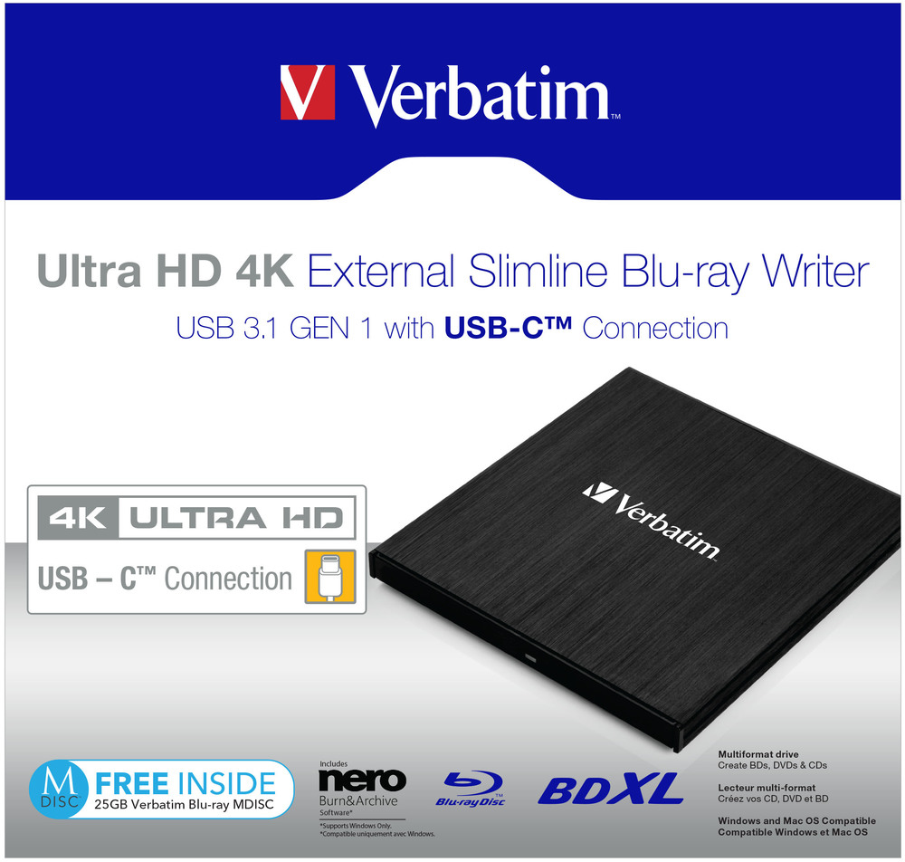 Verbatim Ultra HD 4K - Laufwerk - BDXL Writer - 6x/4x - SuperSpeed USB 3.1 Gen 1 - extern (13,3 cm Slim Line)4xLesegeschwindigkeit - 6xSchreibgeschwindigkeit - BD/BD-R/BD-R/DL/CD/DVD - 133x145x11mm -