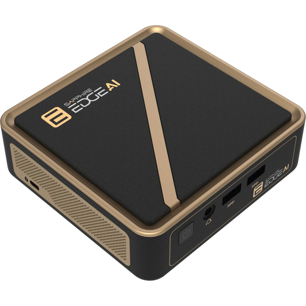 Sapphire Edge AI - Barebone - Mini-PC - 1 x RyzenAI 5 340 / 2 GHz - RAM 0 GB - Radeon 840M - 1GbE - 2.5GbE - WLAN: - Golden Black