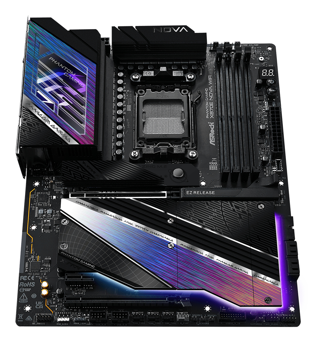 ASRock Phantom Gaming X870E NOVA WiFi - Motherboard - ATX - Socket AM5 - AMD X870E Chipsatz - USB4, USB 3.2 Gen 1, USB 3.2 Gen 2, USB-C 3.2 Gen 2x2 - 5 Gigabit Ethernet, Wi-Fi 7, Bluetooth - Onboard-G