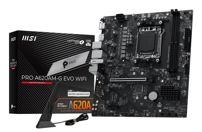 MSI Pro A620AM-G EVO WIFI, AMD, Sockel AM5, AMD Ryzen 7000 Series, AMD Ryzen 8000 Series, AMD Ryzen 9000 Series, Sockel AM5, DDR5-SDRAM, 128 GBA620A - Micro/Mini/Flex-ATX - 128 GB - DDR5 - SDRAM - DIM