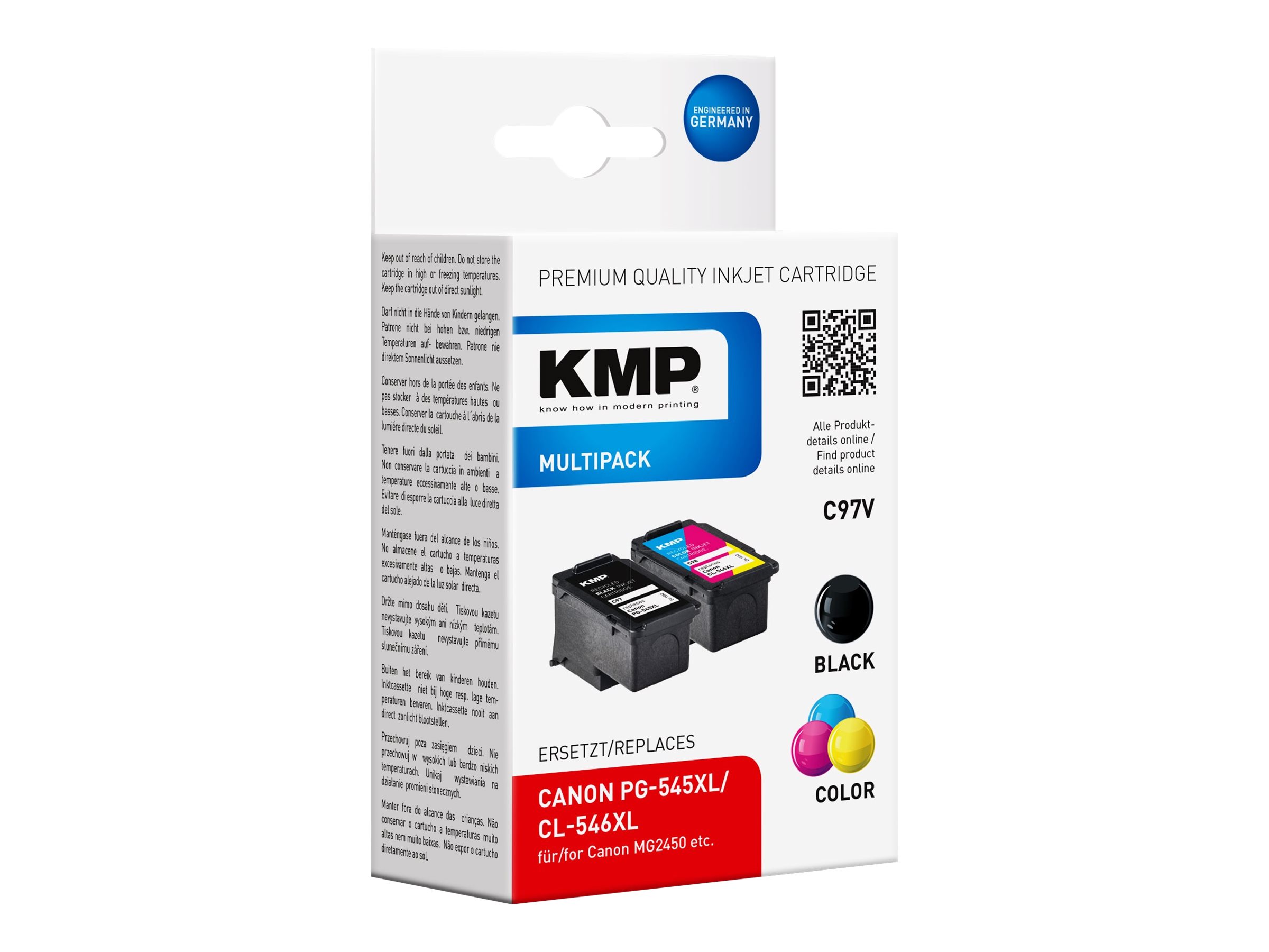 KMP MULTIPACK C97V - 2er-Pack - Hohe Ergiebigkeit - Schwarz, Farbe (Cyan, Magenta, Gelb)kompatibel - Tintenpatrone (Alternative zu: Canon 8286B001 - Canon 8288B001 - Canon CL-546XL - Canon PG-545XL) -