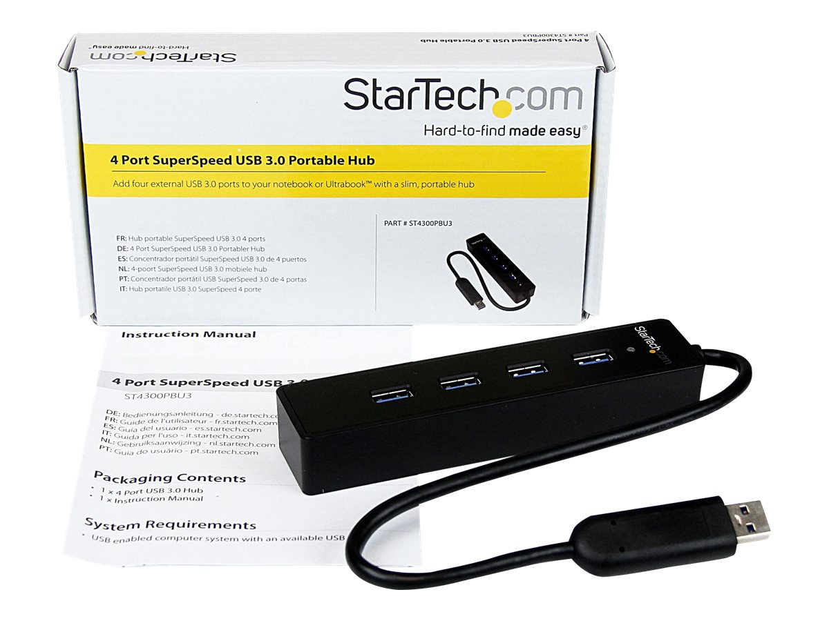 StarTech.com Startech 4 Port USB 3.0 SuperSpeed Hub - SchwarzPortabler externer USB Hub mit eingebautem Kabel - Hub - 4 x SuperSpeed USB 3.0 - Desktop - für P/N: FCREADMICRO3 - MSDREADU3CA