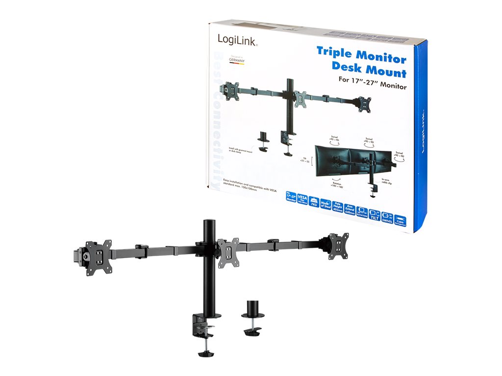 LogiLink Befestigungskit (Klammer, Kabeldurchführungsklemme, Stange, 2 Gelenkarme) - für 3 LCD-Anzeigen - Stahl - Schwarz - Bildschirmgröße: 43.2-68.6 cm (17"-27")Tischmontage