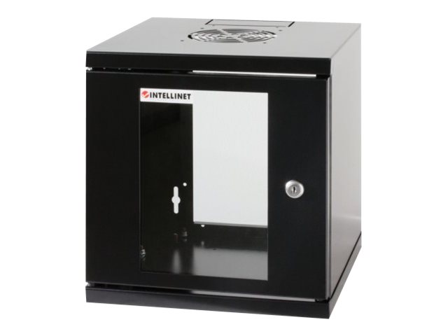 Intellinet Network Cabinet, Wall Mount (Standard), 6U, Usable Depth 265mm/Width 239mm, Black, Assembled, Max 60kg, Metal & Glass Door, Back Panel, Removeable Sides,Suitable also for use on desk or flo