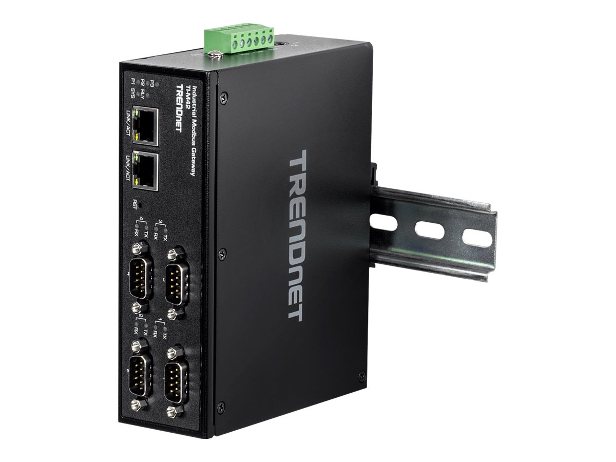 TRENDnet TI-M42 - Gateway - industriell - 4 Anschlüsse100Mb LAN - Modbus - RS-442 - RS-485 - RS-232 - Gleichstrom - Wand / DIN-Schienen montierbar - TAA-konform